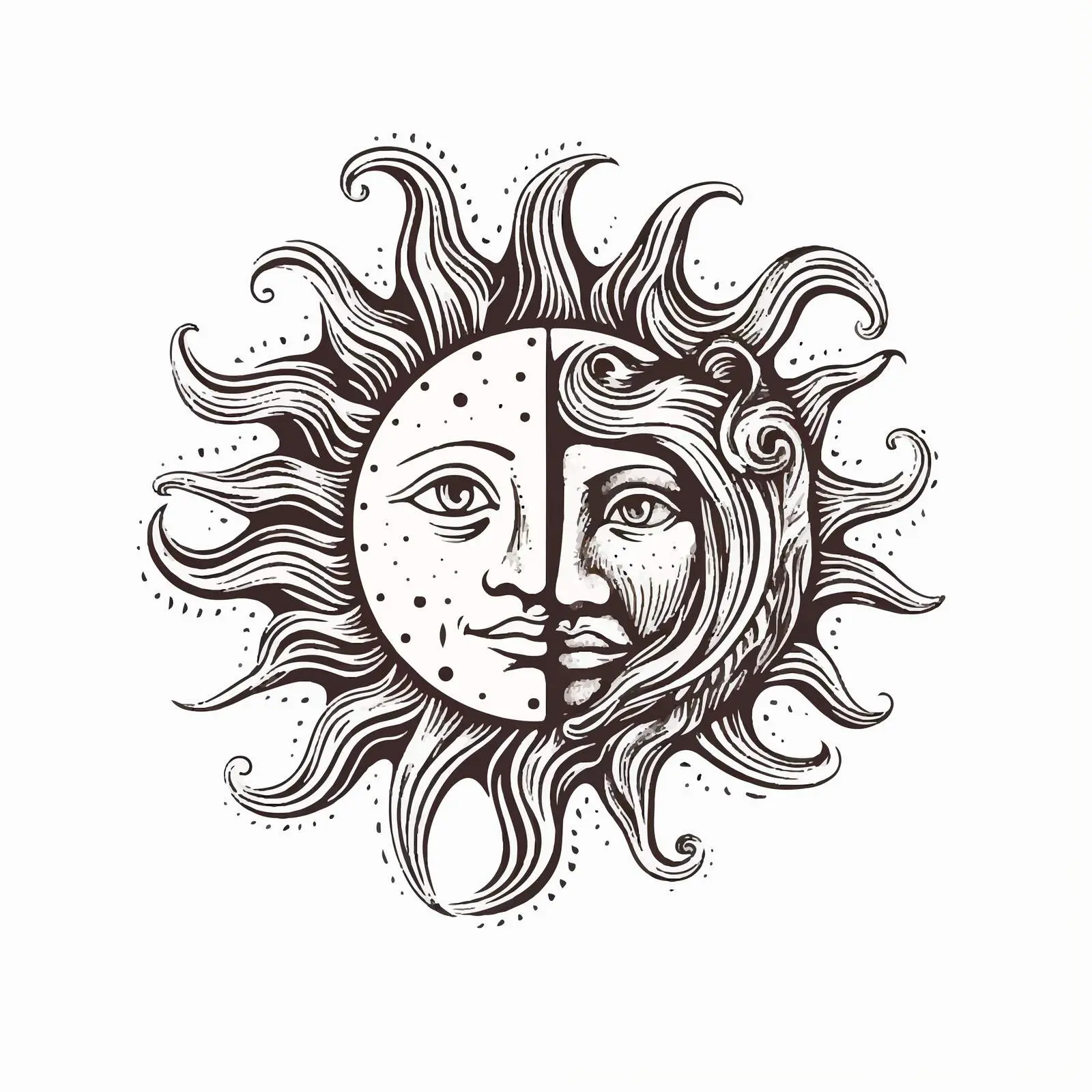 Sun and Moon Faces in Medieval Engraving Style – free cosmic image from Dotvec