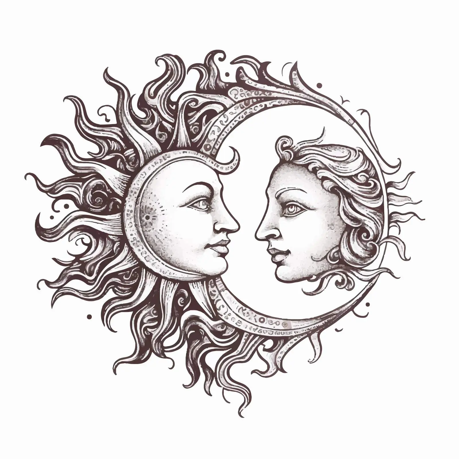 Sun and Moon Faces Medieval Engraving Sketch — free download from Dotvec