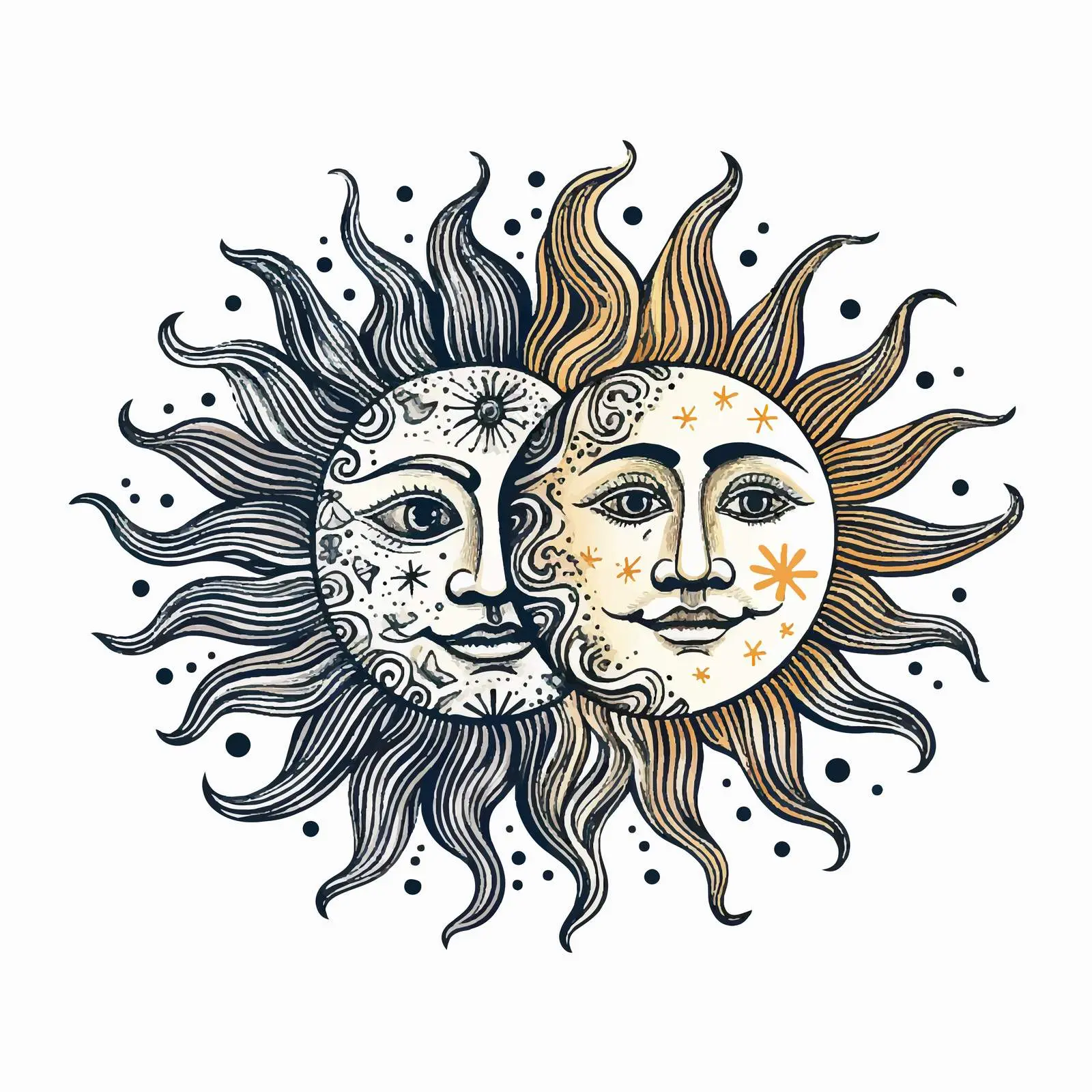 Sun and Moon Faces Engraving Sketch – free cosmic image from Dotvec