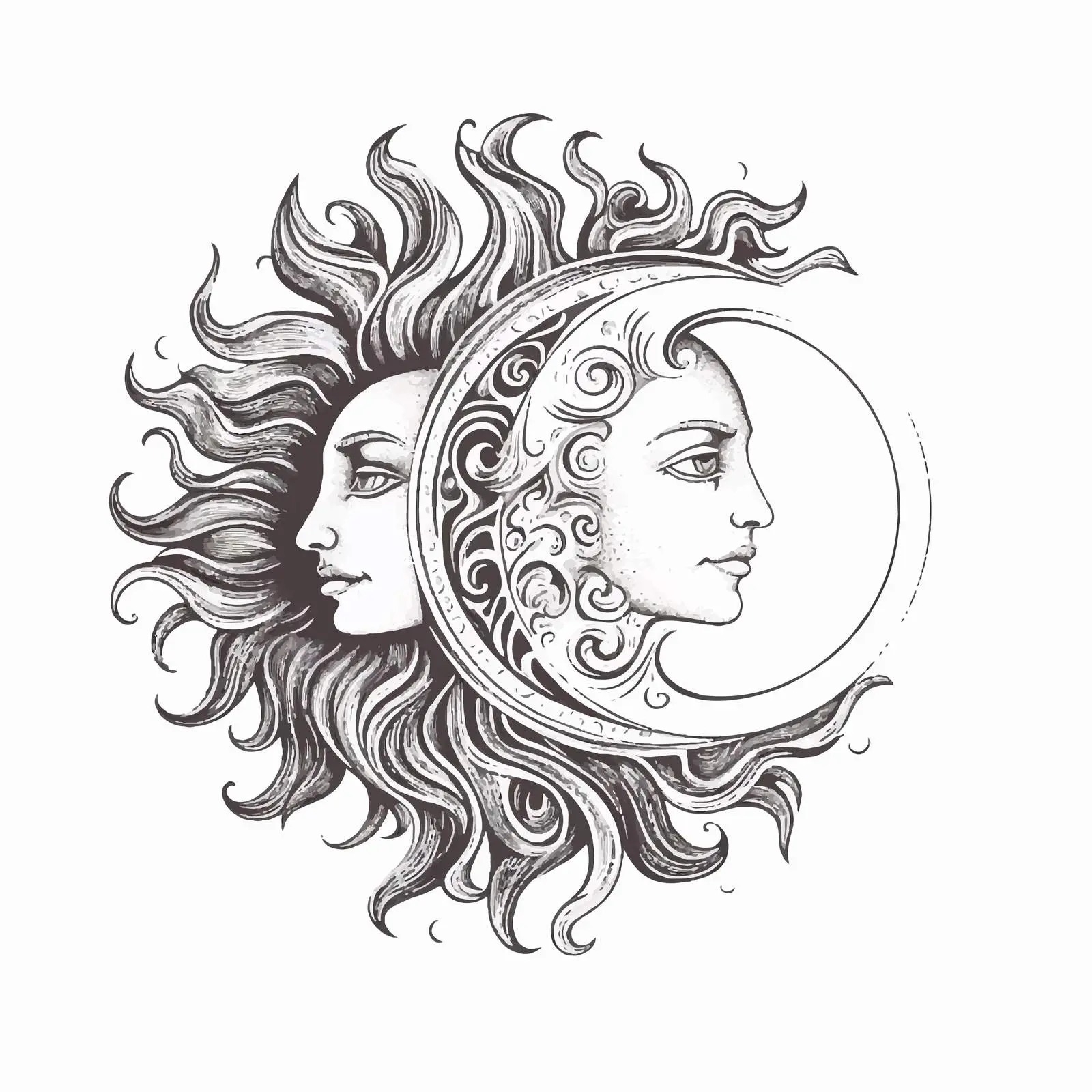Medieval Engraving of Sun and Moon with Faces – free cosmic image from Dotvec