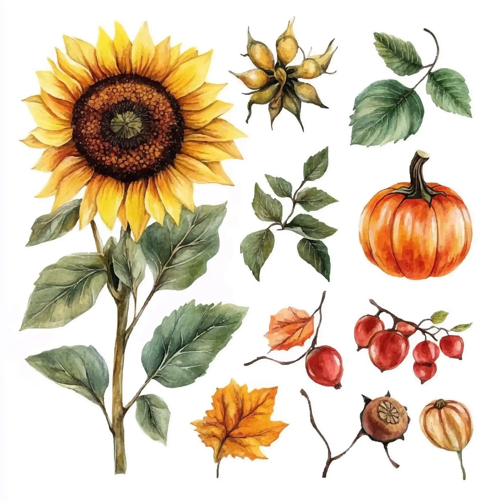 Watercolor Plant Vector Set: Sunflower, Poppy, Rosehip — free download from Dotvec