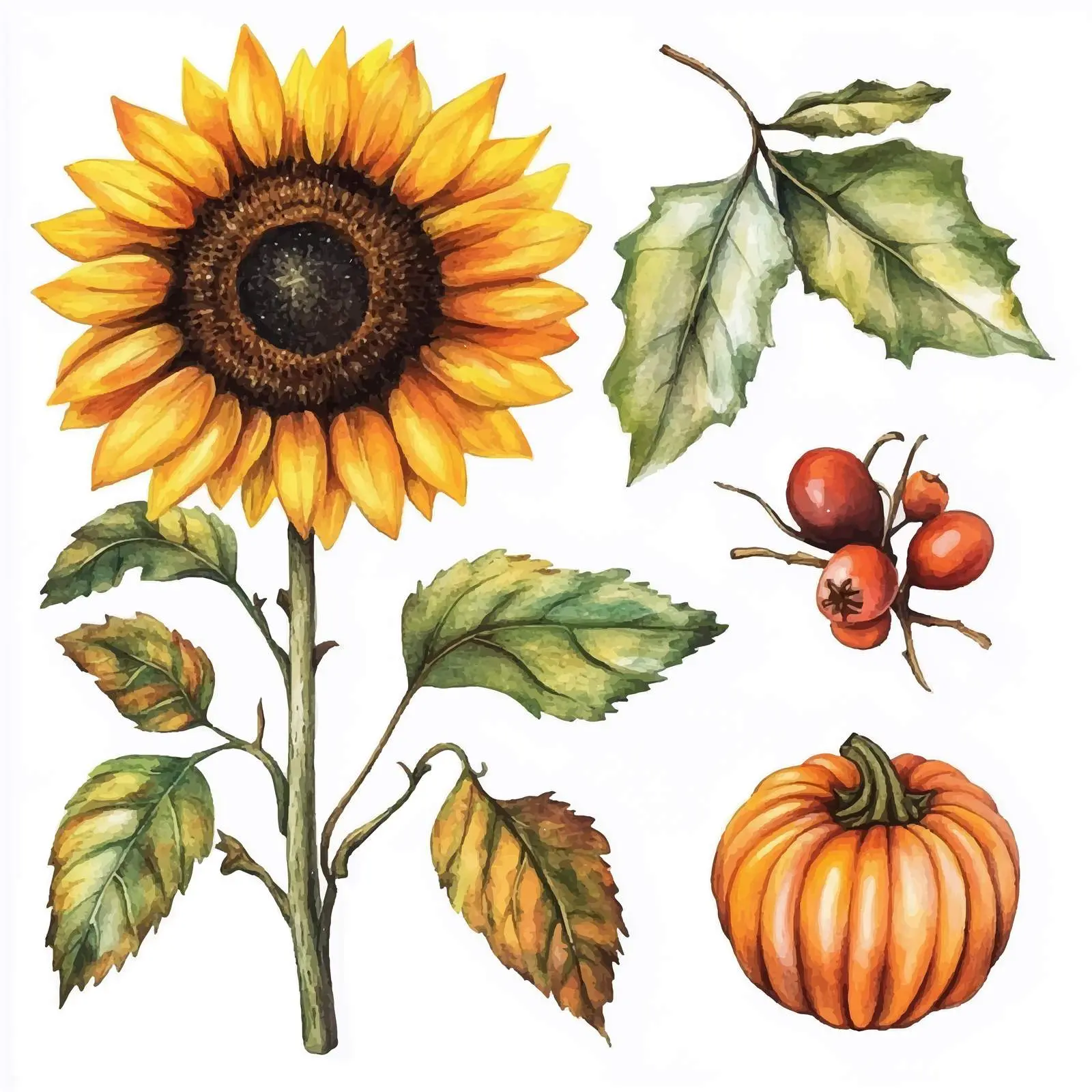 Watercolor Plant Set: Sunflower, Poppy, Rosehip Leaves — free download from Dotvec