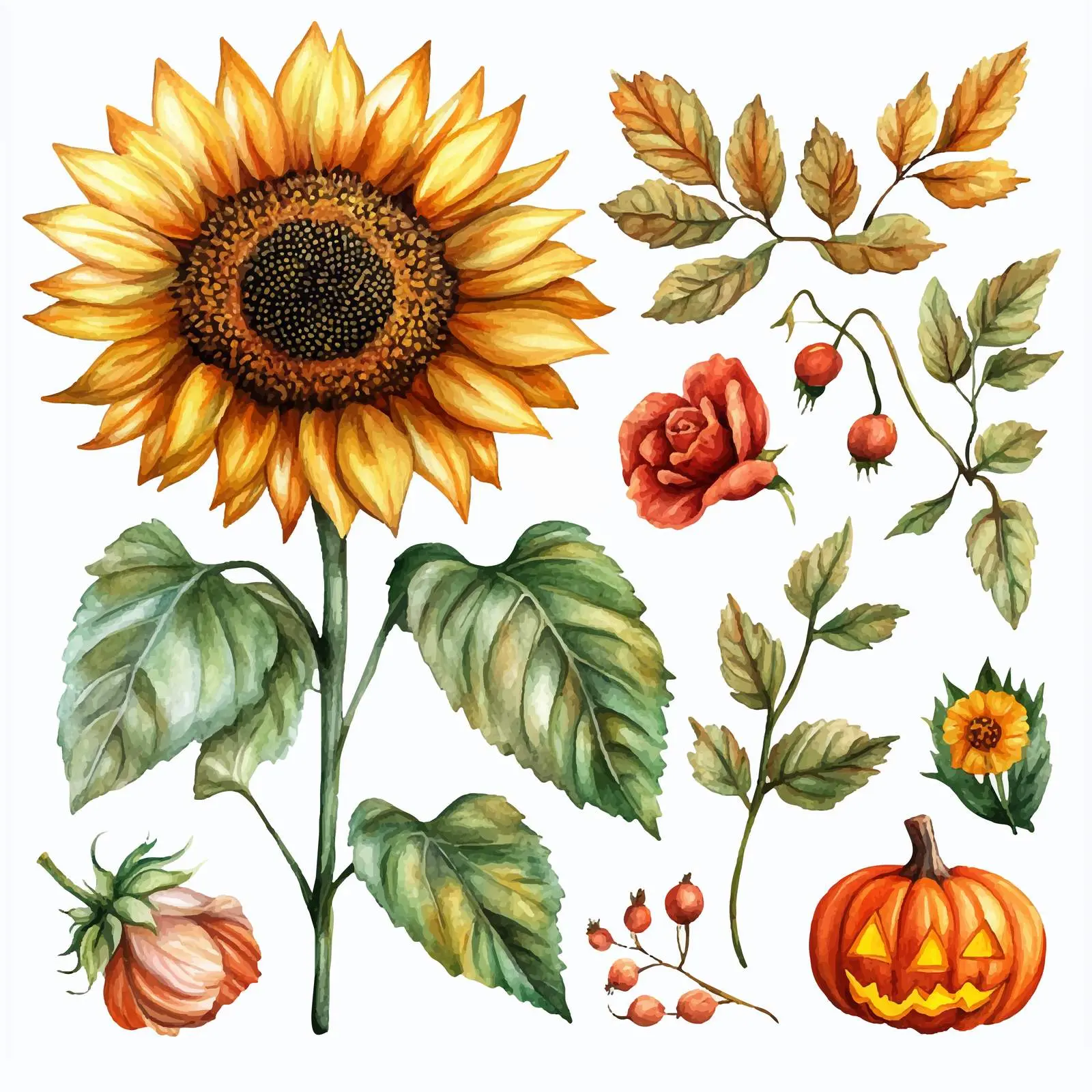 Watercolor Sunflower Poppy Rosehip Leaf Set — free download from Dotvec