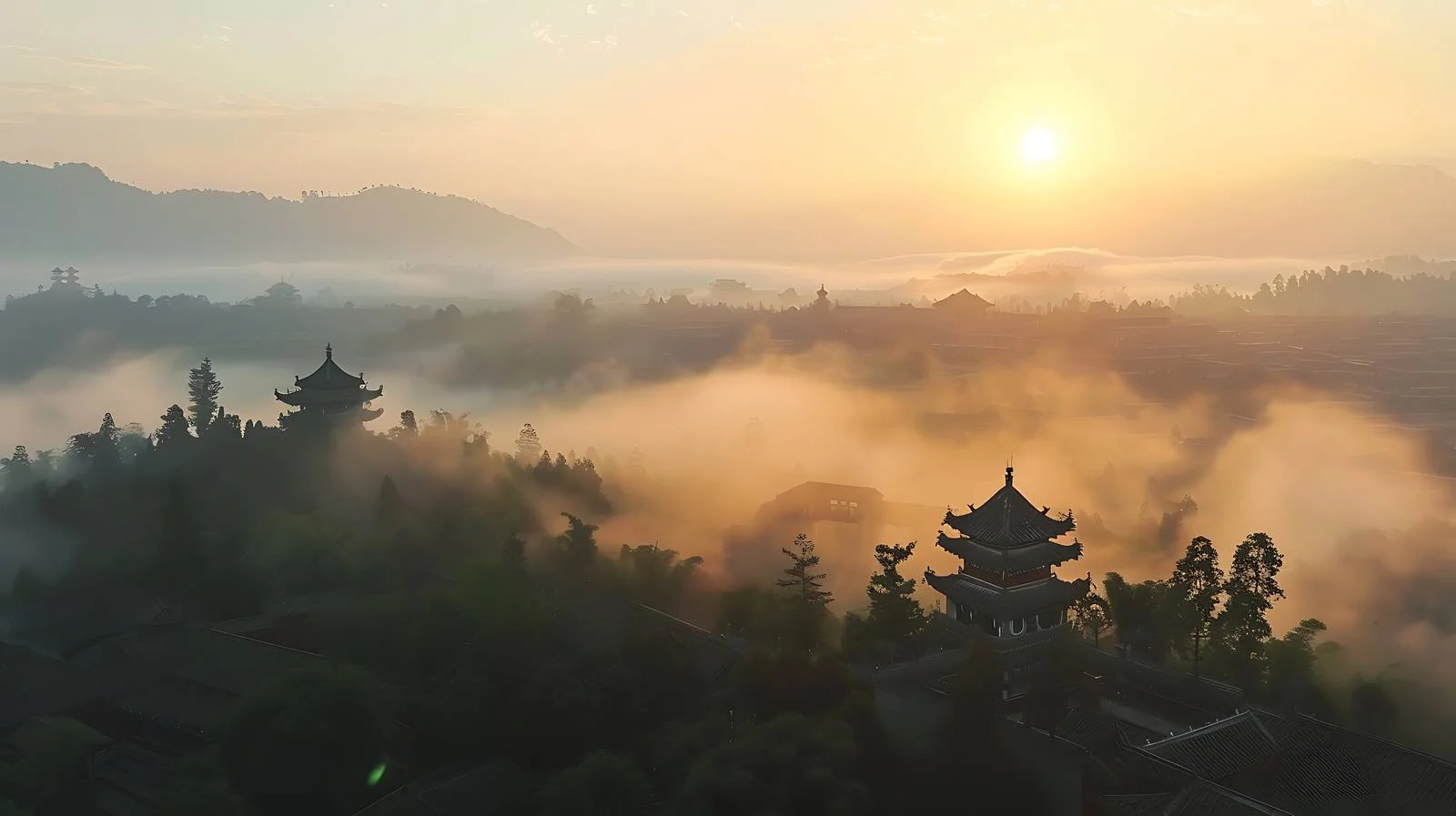 Tranquil Sunrise Langyi Temple Mist — free download from Dotvec
