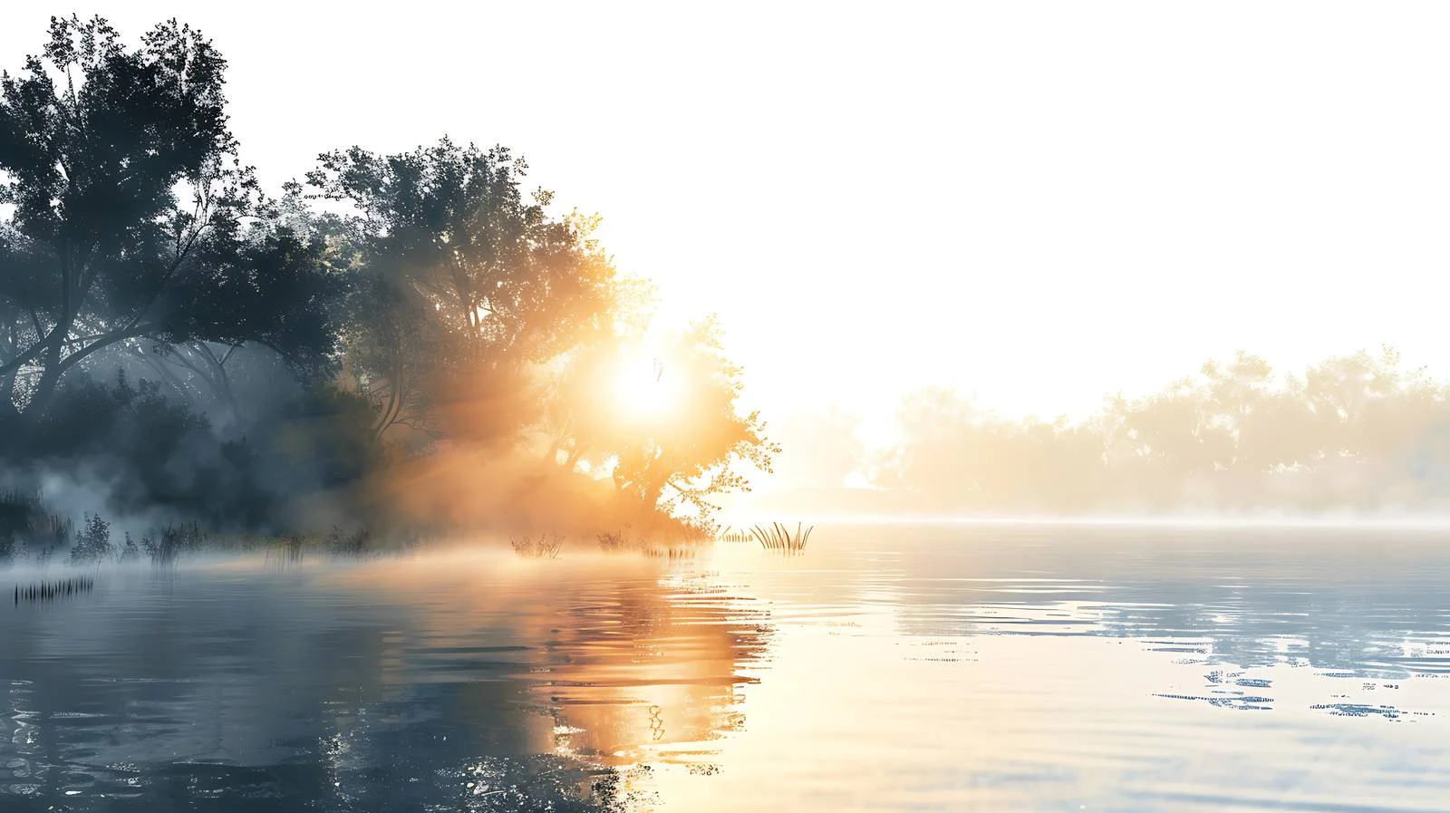 Serene Sunrise Reflecting on Riverbank — free download from Dotvec