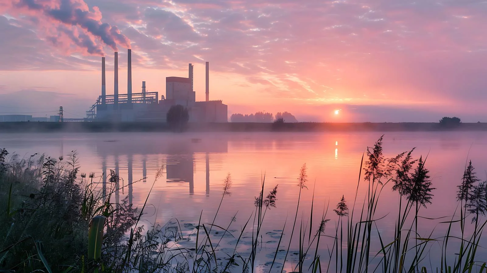 Industrial Sunrise at Reservoir with Potash Factory — free download from Dotvec