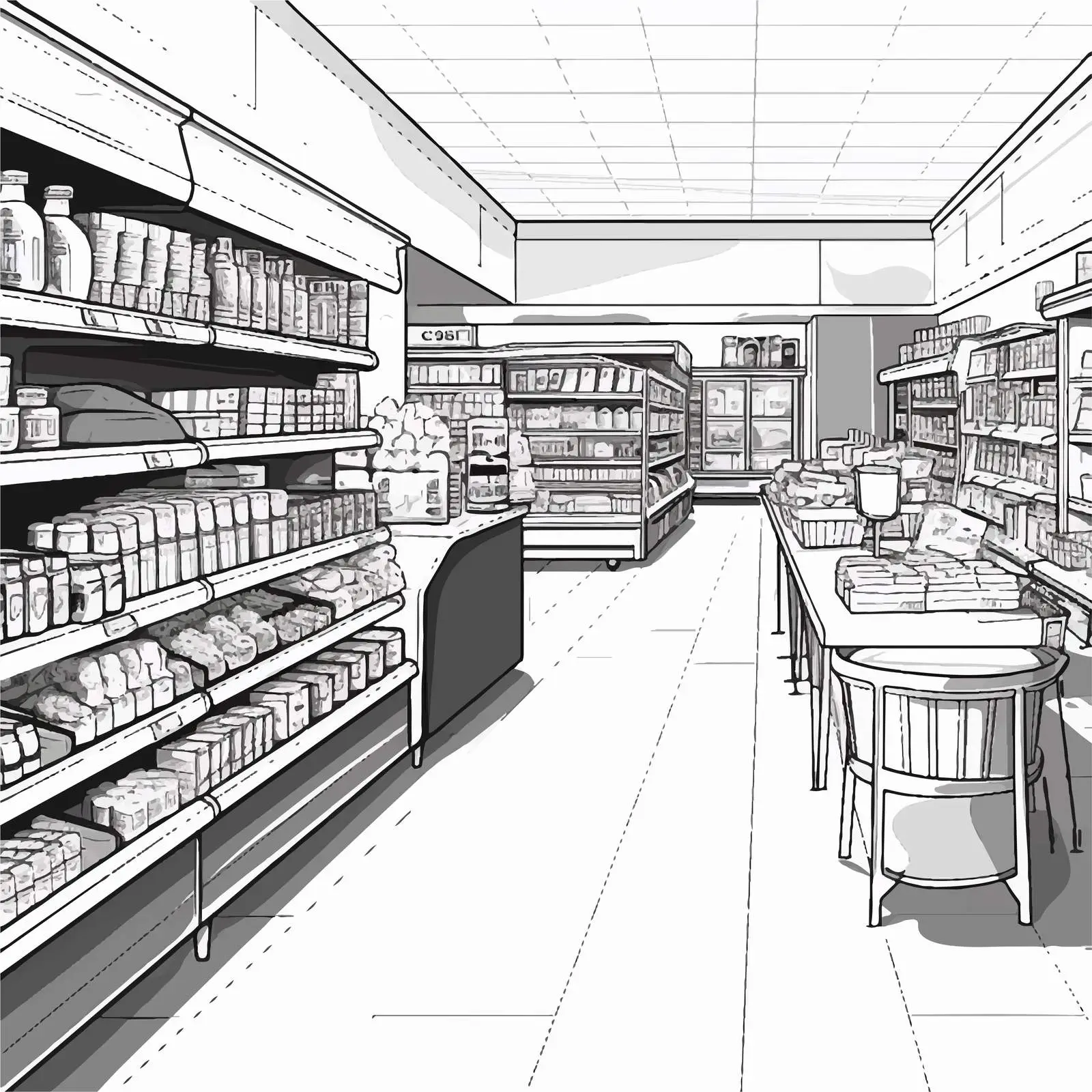 Hand-Drawn Black and White Supermarket Interior — free download from Dotvec