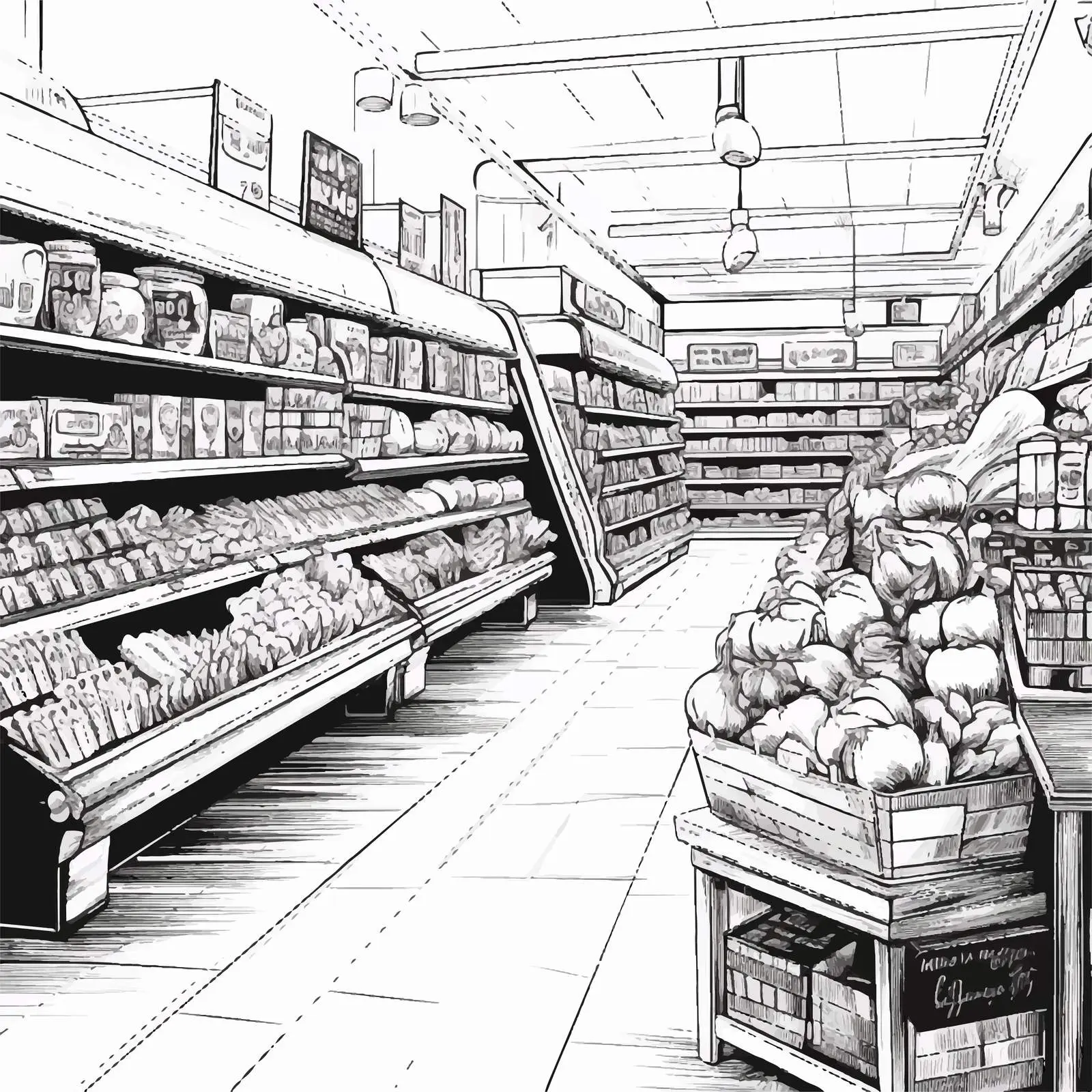 Hand Drawn Black and White Supermarket Interior — free download from Dotvec