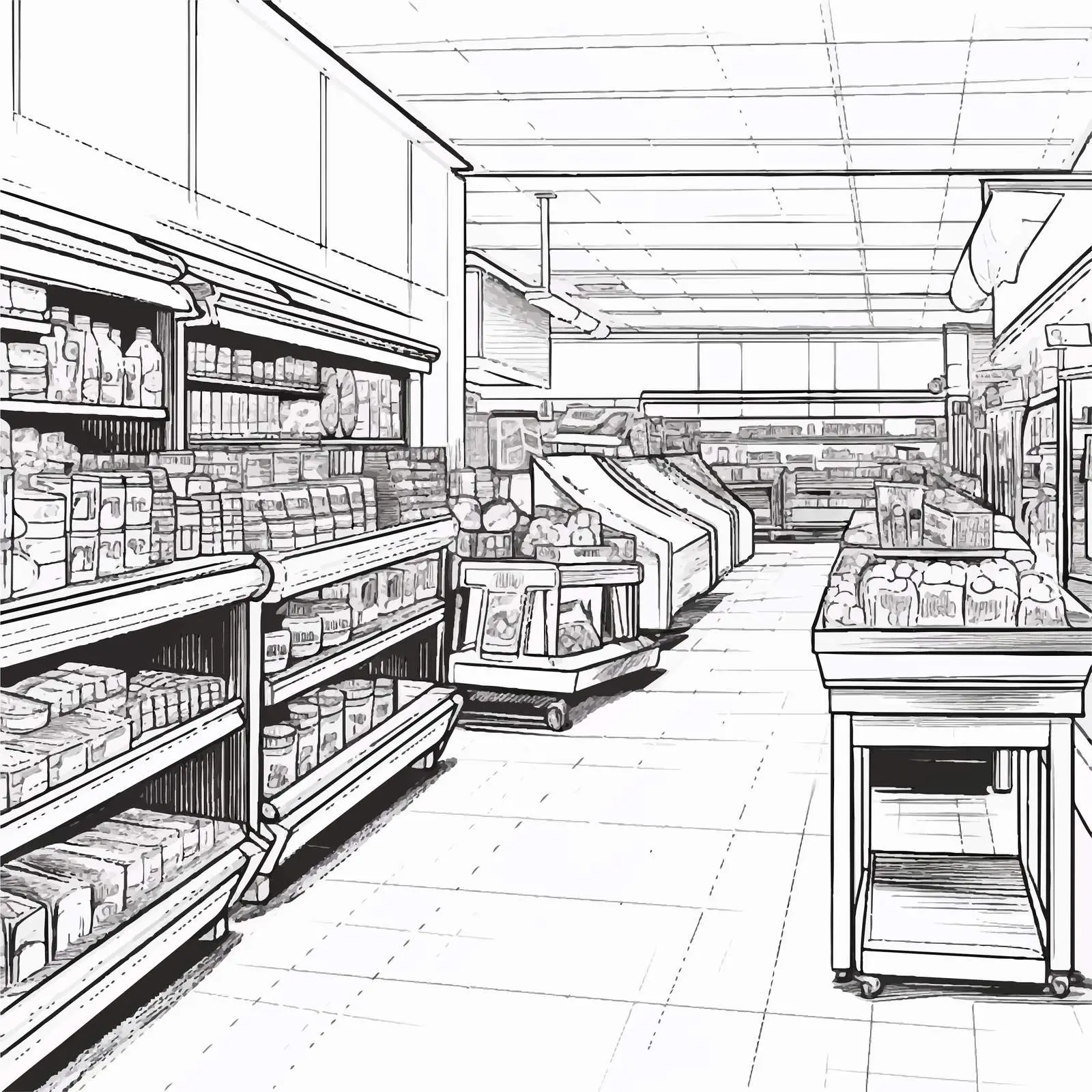 Hand-Drawn Black and White Supermarket Interior — free download from Dotvec