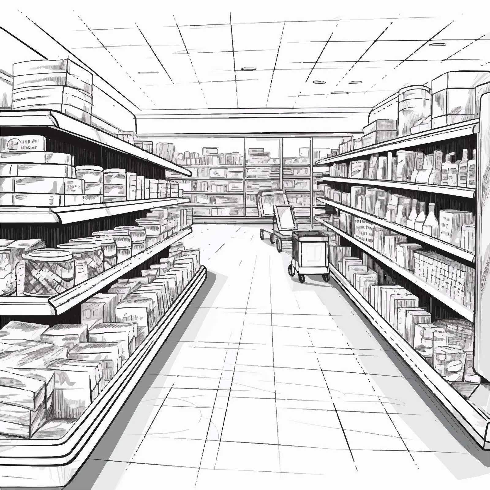 Hand-Drawn Black and White Supermarket Interior — free download from Dotvec