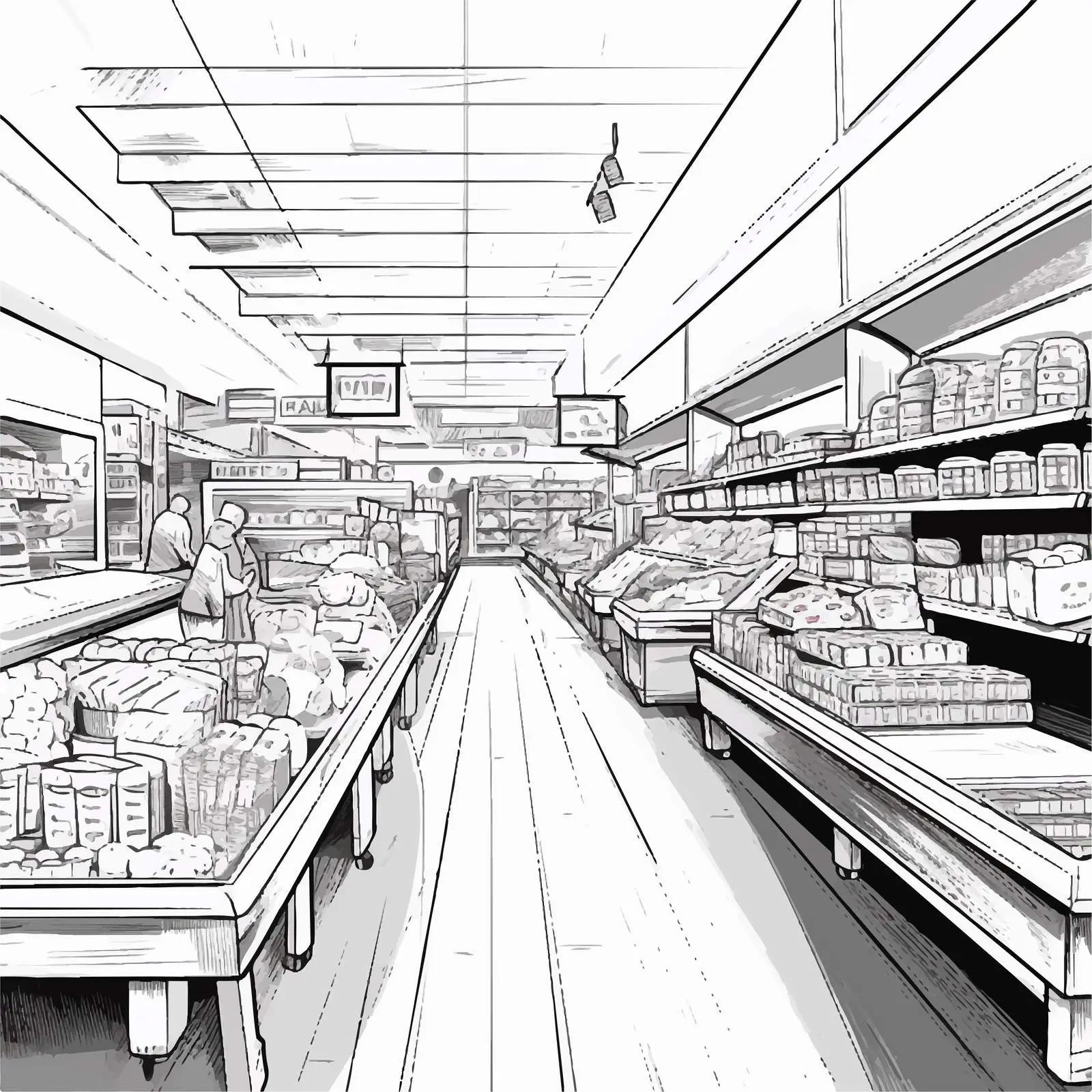 Hand-Drawn Black and White Supermarket Interior — free download from Dotvec
