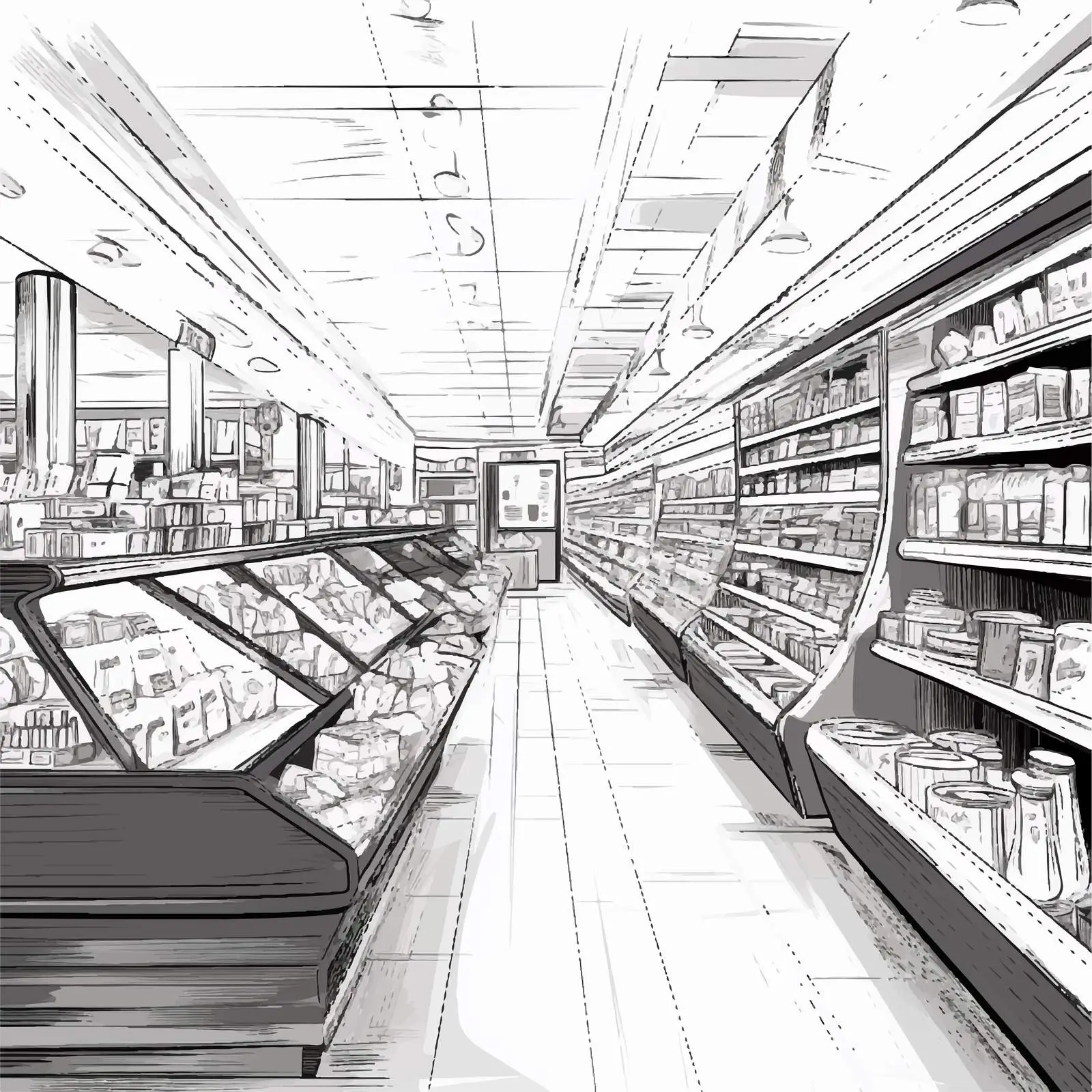 Hand-Drawn Black and White Supermarket Interior — free download from Dotvec