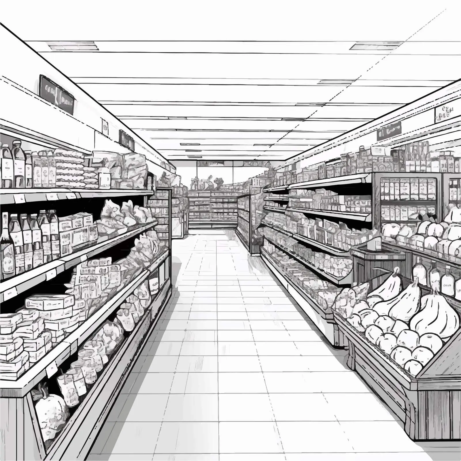 Hand-Drawn Black and White Supermarket Interior — free download from Dotvec