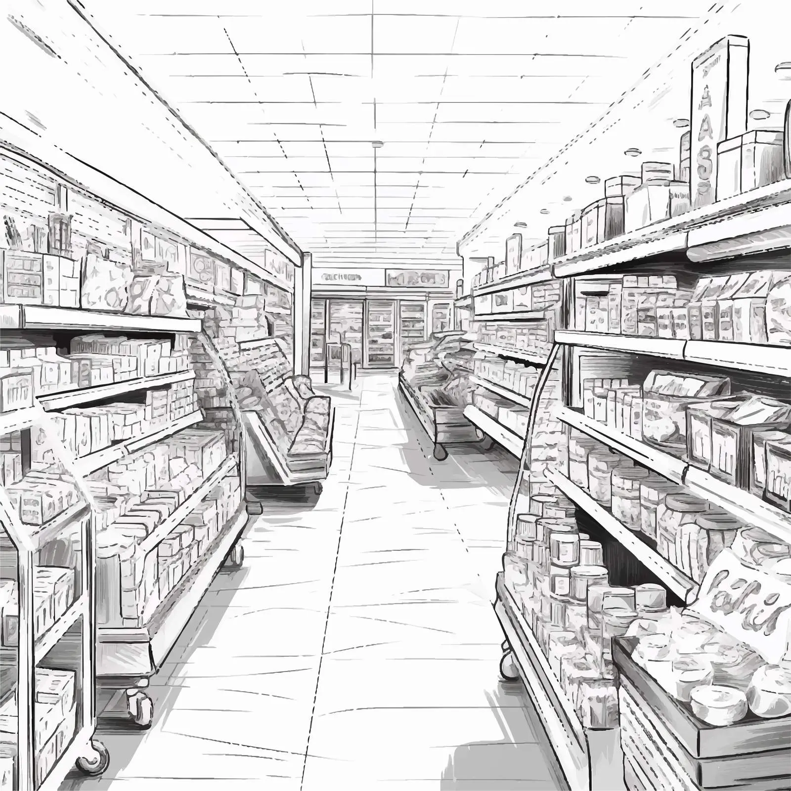 Hand-Drawn Black and White Supermarket Interior — free download from Dotvec
