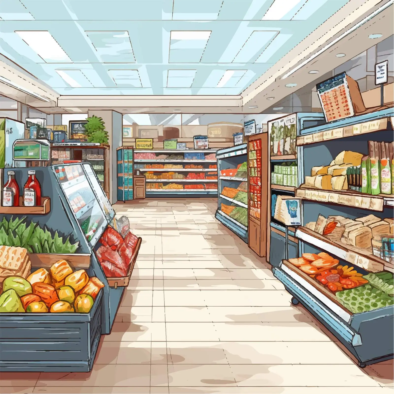 Colorful Hand-Drawn Supermarket Interior Illustration — free download from Dotvec