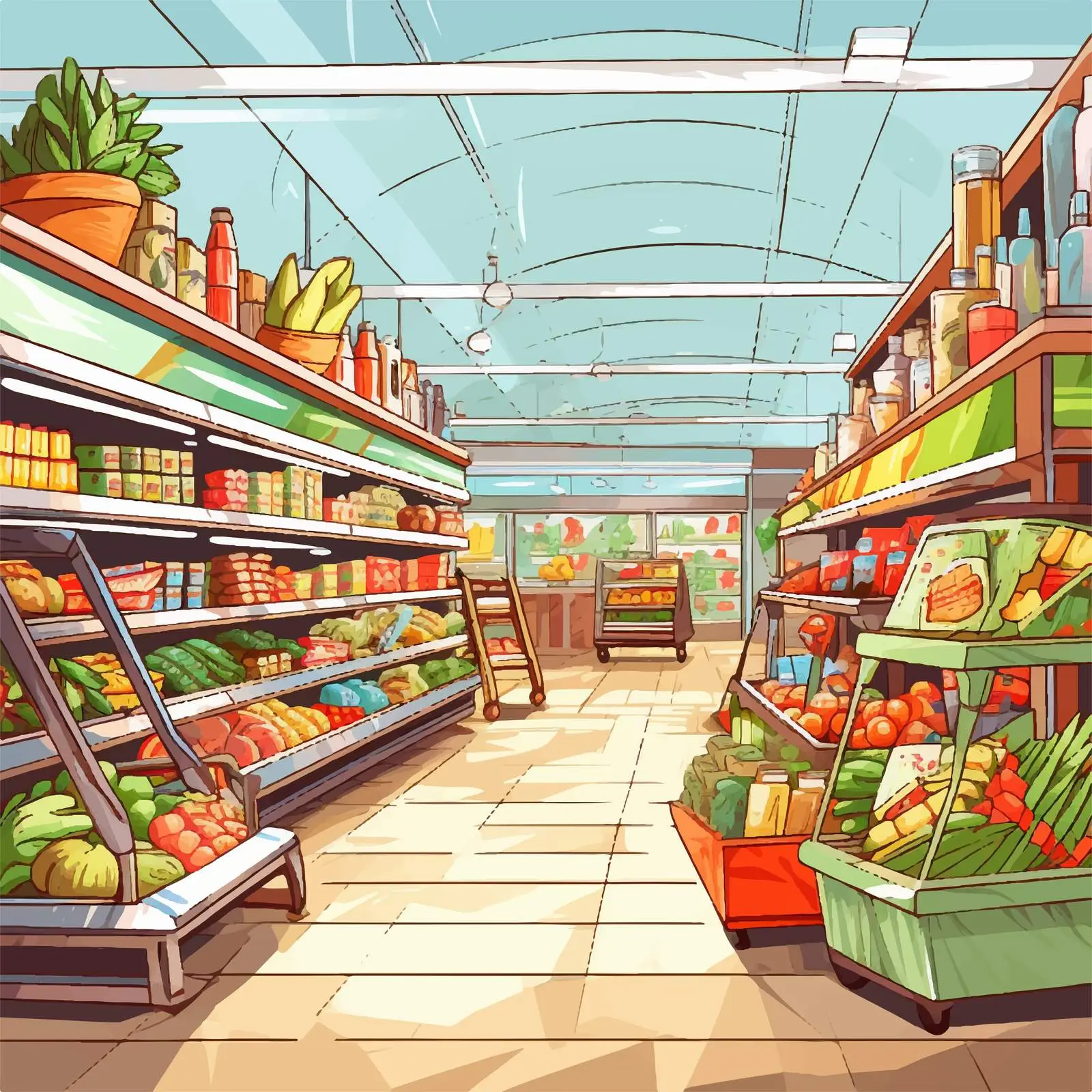 Hand-Drawn Colorful Supermarket Interior Illustration — free download from Dotvec