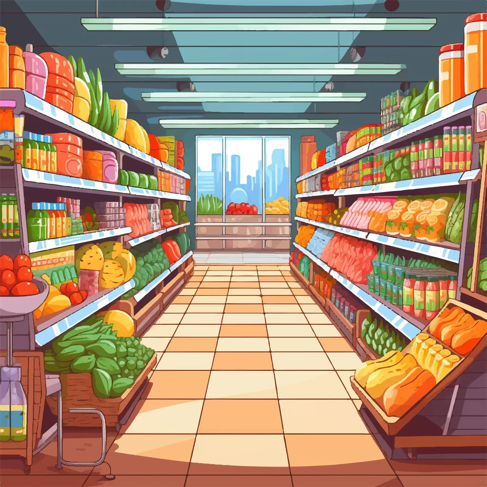 Colorful Hand-Drawn Supermarket Interior Illustration – free urban market image from Dotvec