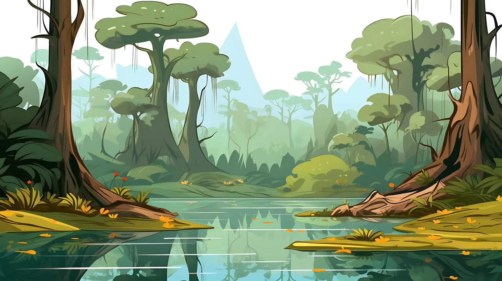 Cartoon Forest River Swamp Landscape Background — free download from Dotvec