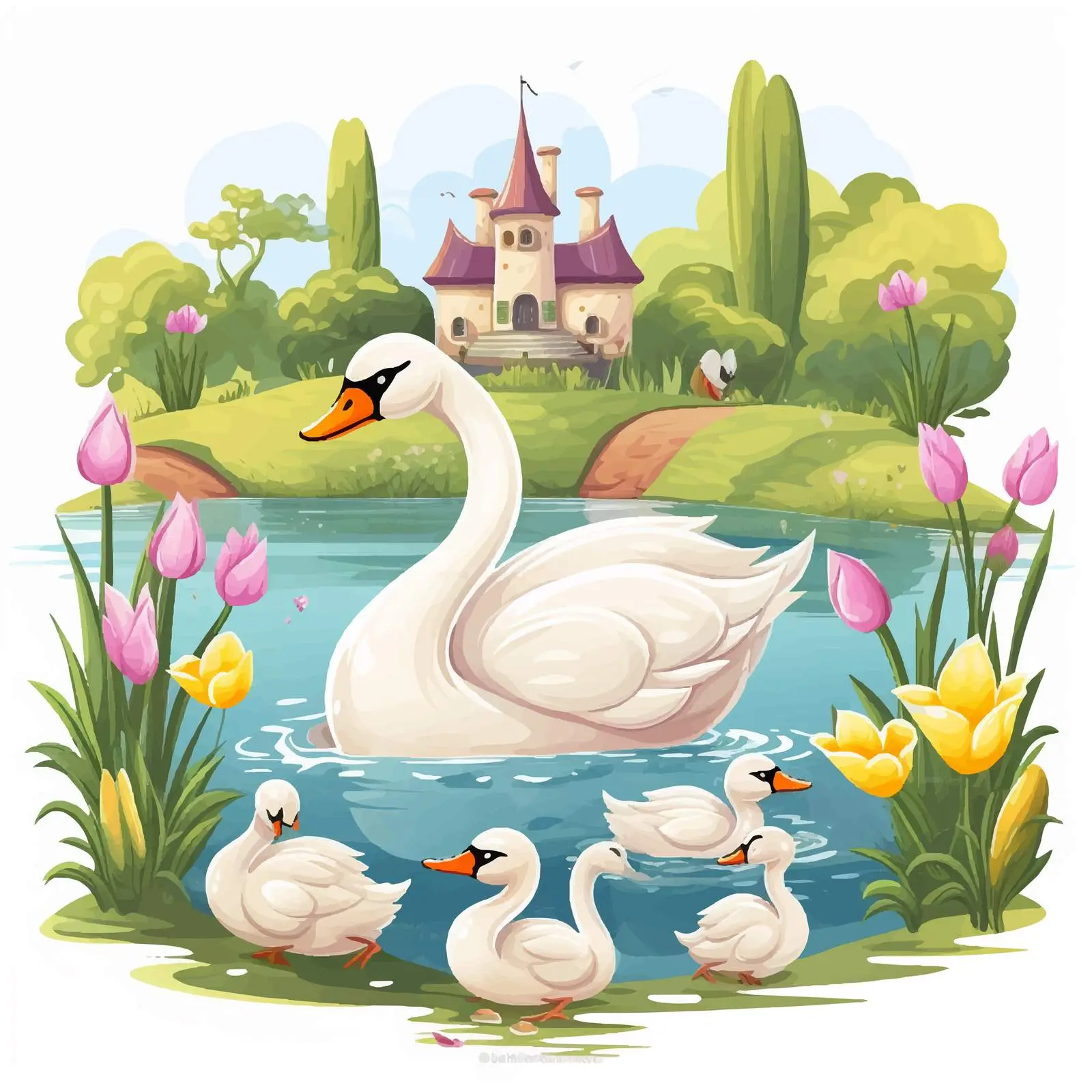 Whimsical Garden with Swans and Ducklings Vector — free download from Dotvec