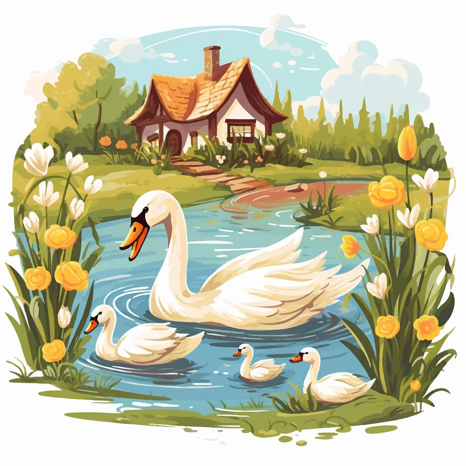 Whimsical Garden with Swans and Ducklings – free ducklings image from Dotvec