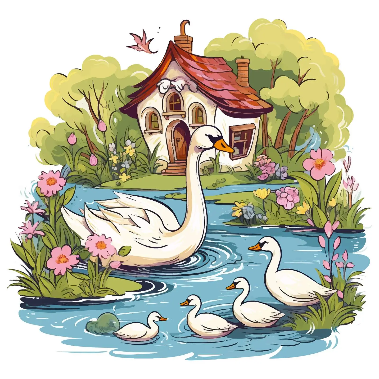 Swans and Ducklings in a Whimsical Garden — free download from Dotvec