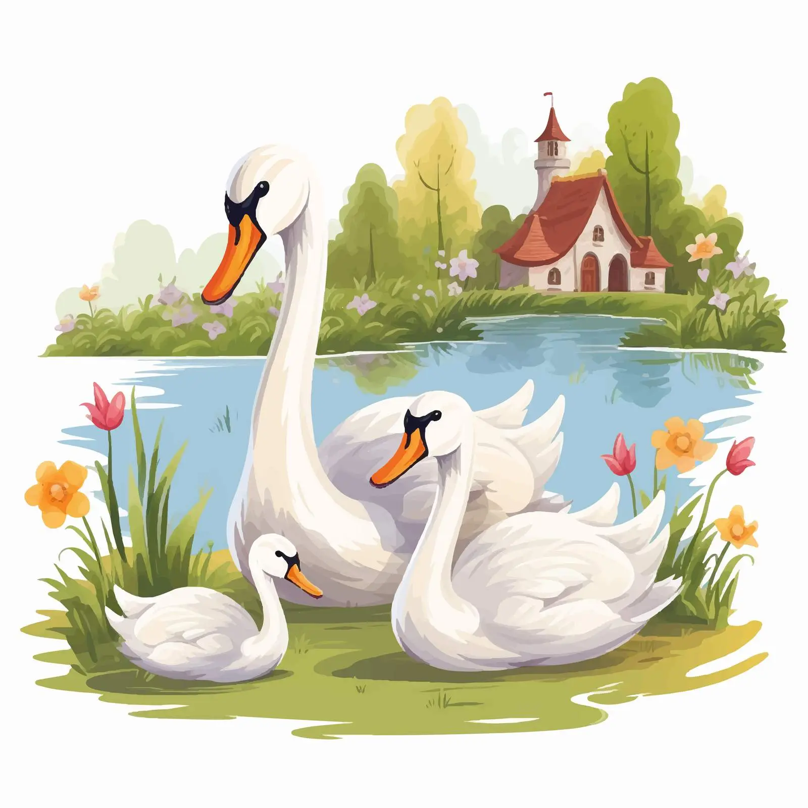 Swans and Ducklings in a Whimsical Garden — free download from Dotvec