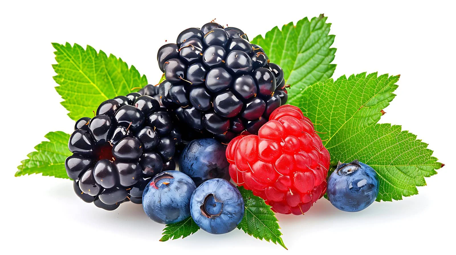 Vibrant Berries with Green Leaves on White — free download from Dotvec