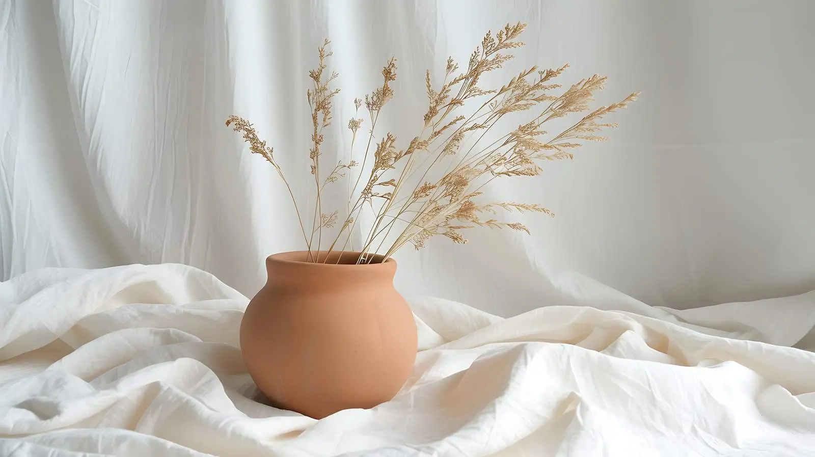 Neutral Tan Beige Clay Pot with Dried Grass — free download from Dotvec