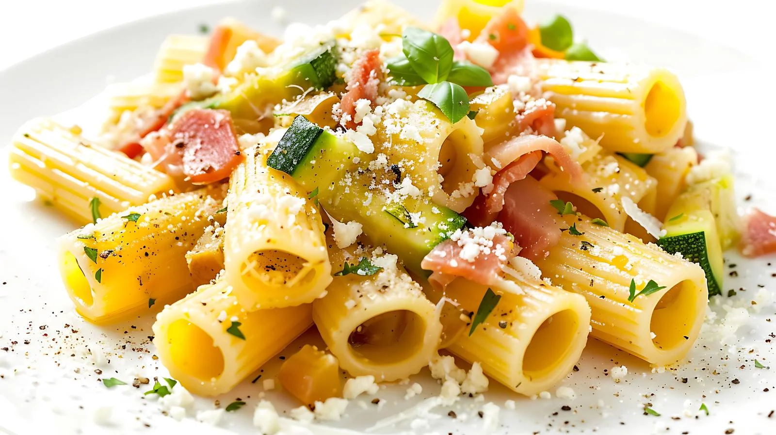 Savory Rigatoni Pasta with Courgette and Prosciutto — free download from Dotvec