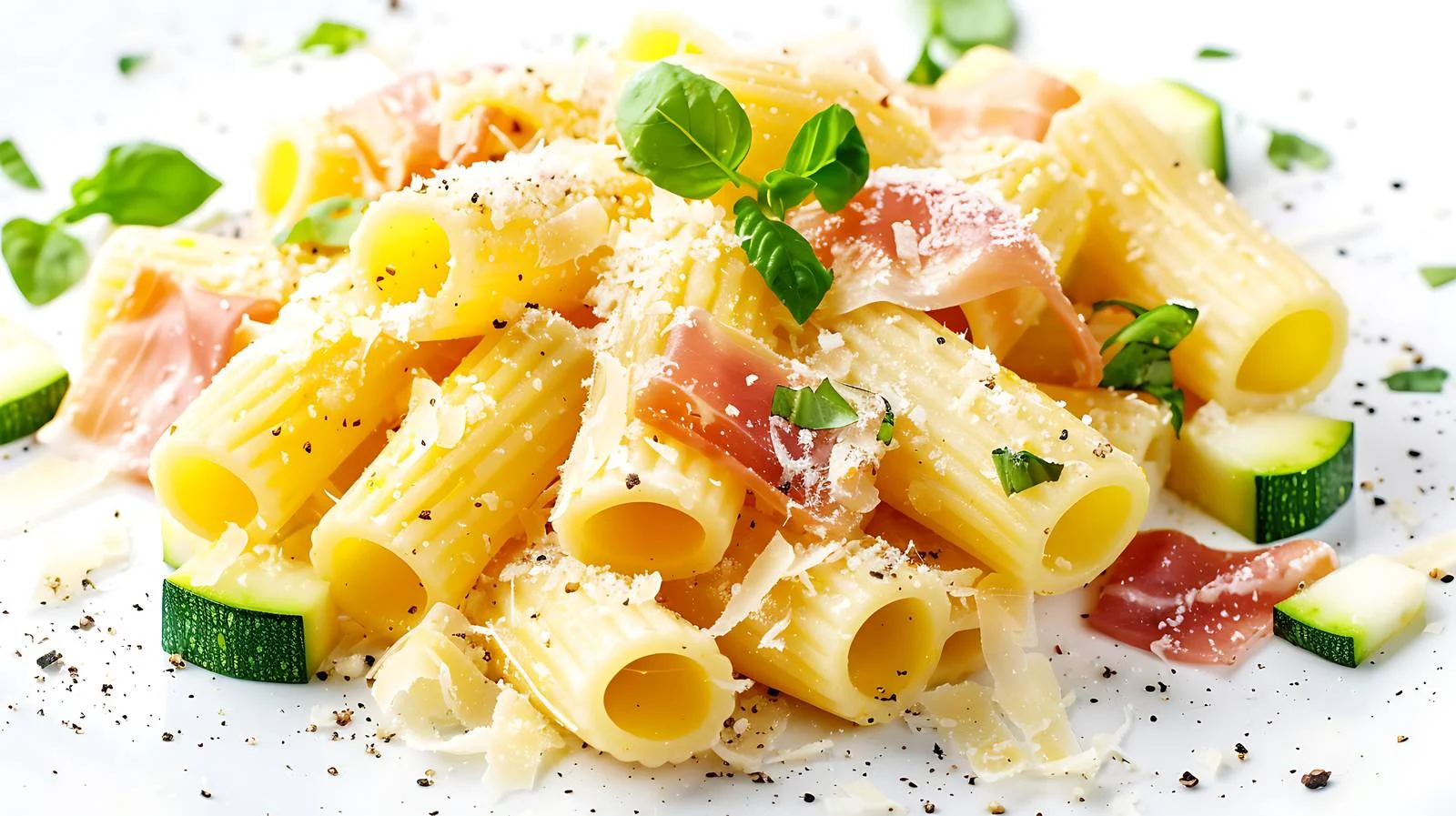 Delicious Rigatoni Pasta with Zucchini, Prosciutto, and Ham — free download from Dotvec