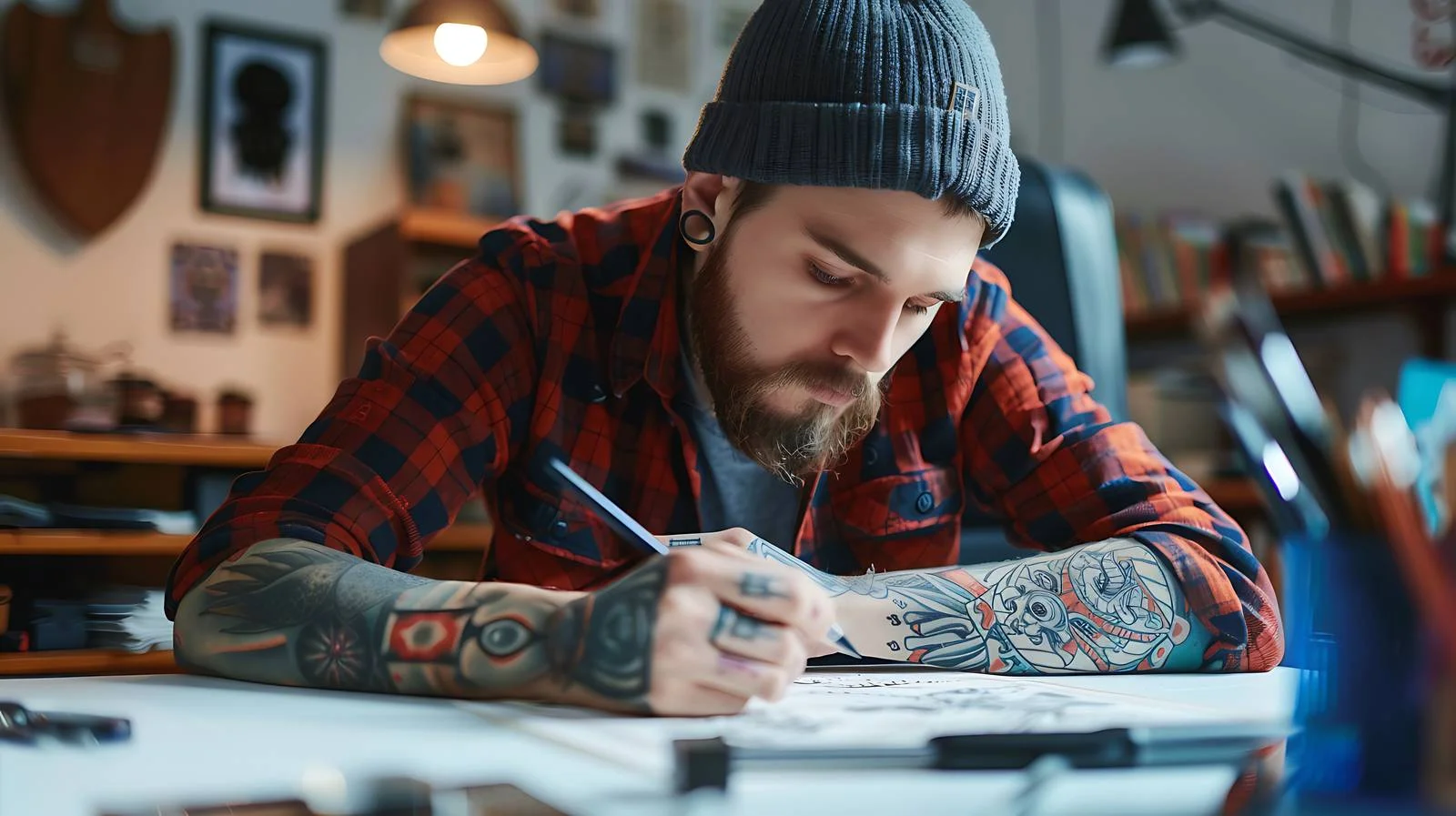 Professional Tattoo Artist Creating Design on Light Table — free download from Dotvec