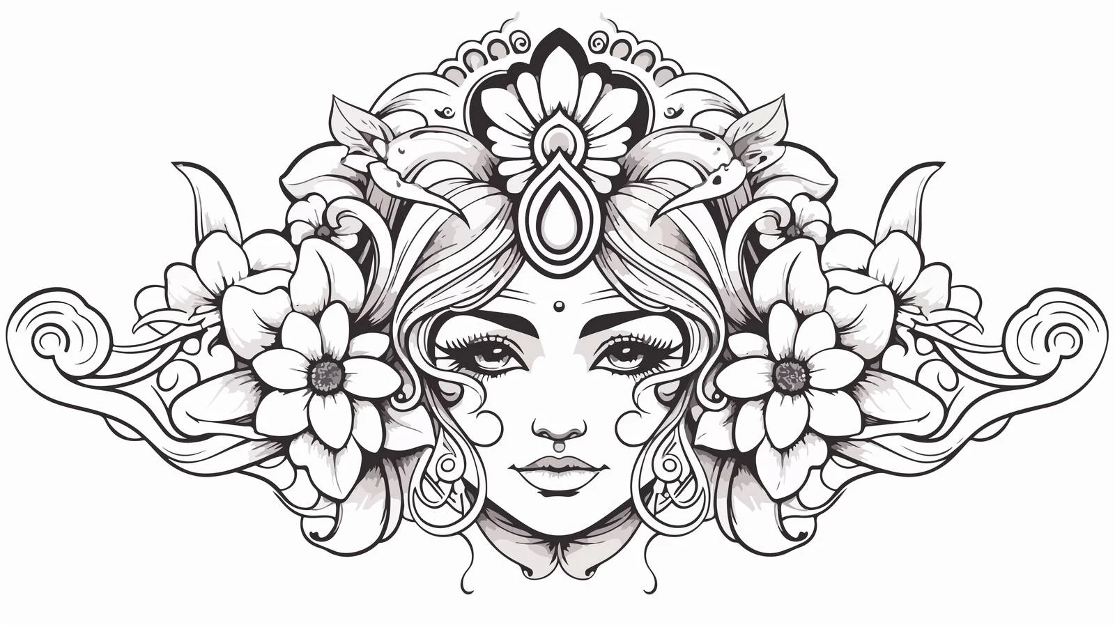 Black Line Style Female Face Tattoo — free download from Dotvec