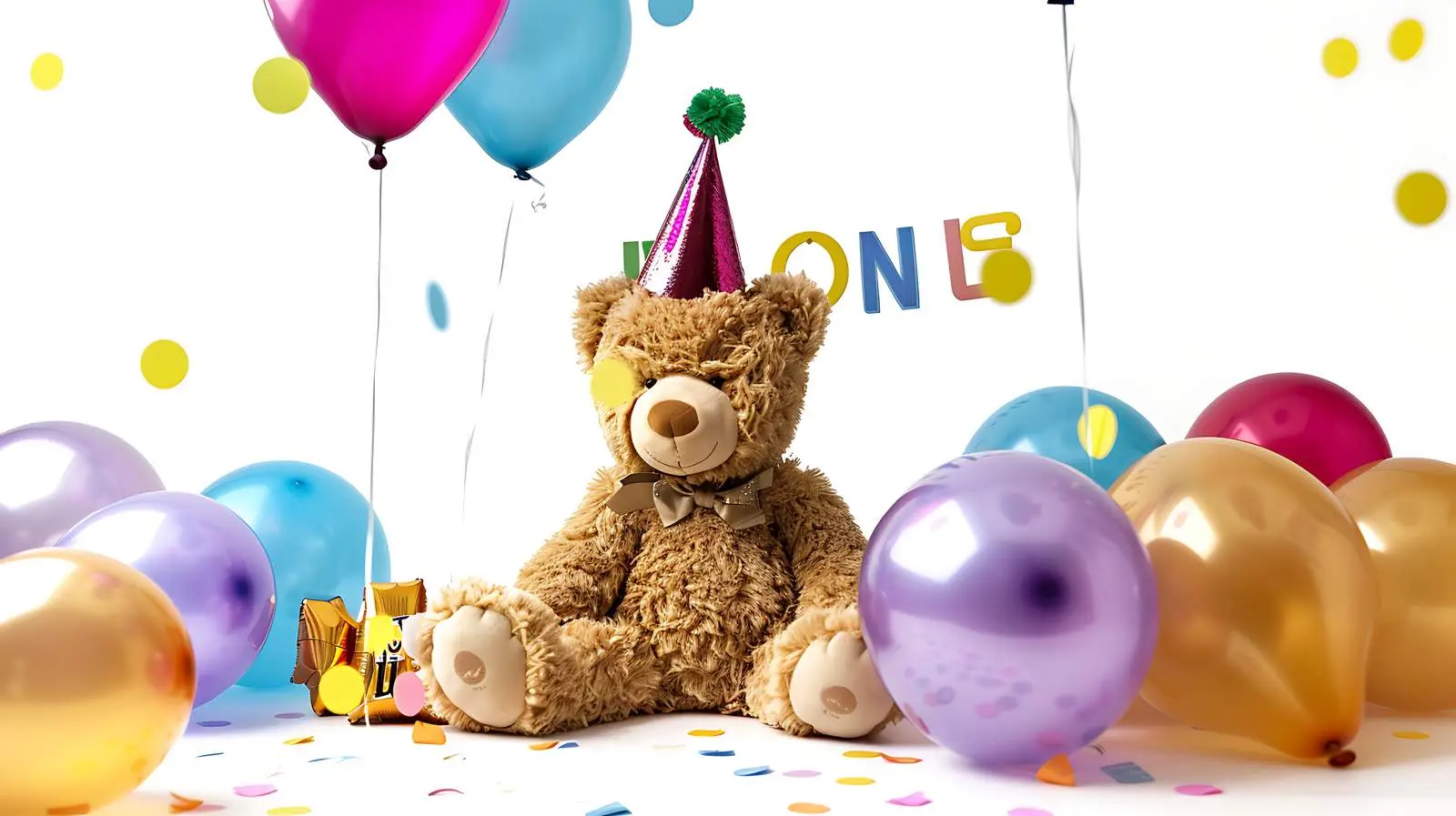 Cute Teddy Bear in Party Hat with Balloon – free animal image from Dotvec