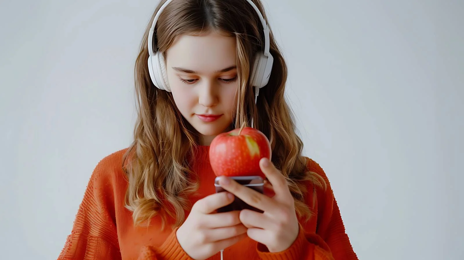 Youthful Girl Enjoying Music with Apple — free download from Dotvec
