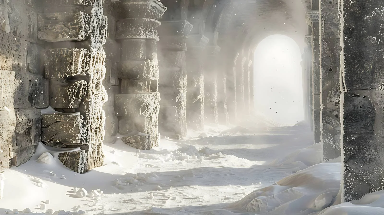 Majestic snow-covered ancient corridor in wind — free download from Dotvec