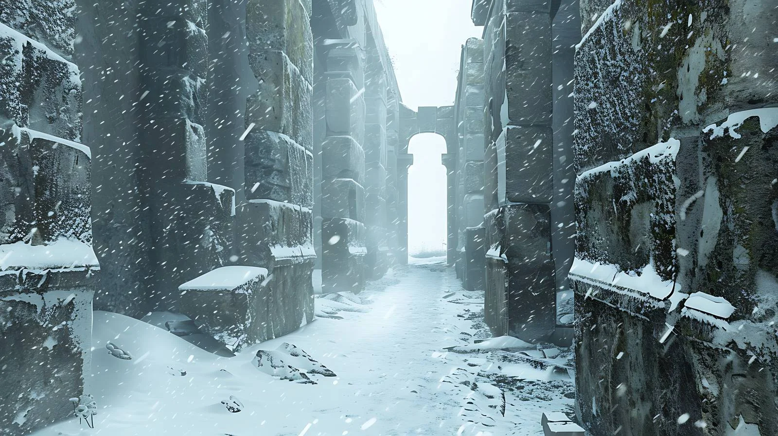 Majestic Ancient Corridor Amid Snowfall Isolation — free download from Dotvec