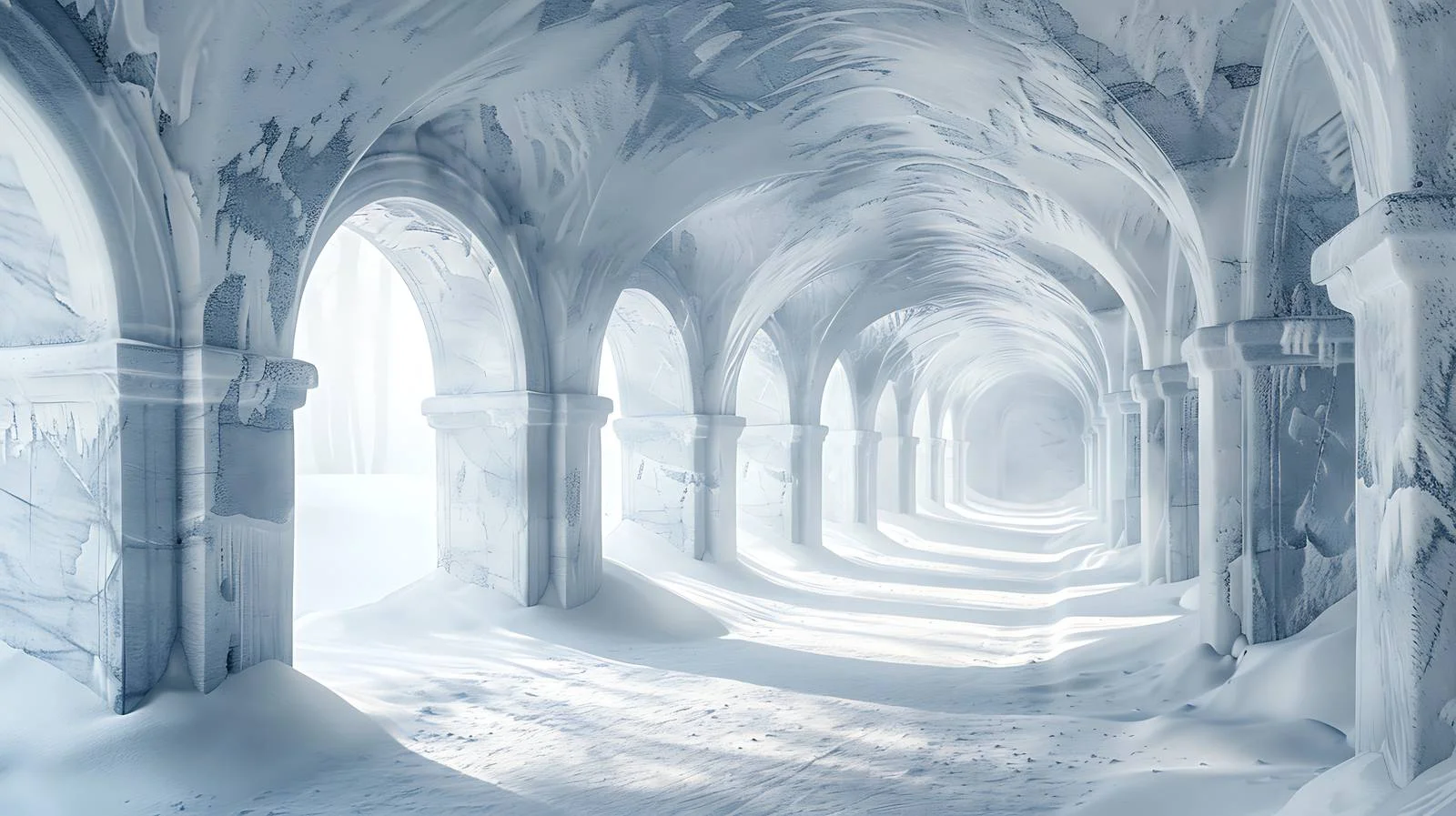 Serene ancient corridor in snowfall — free download from Dotvec