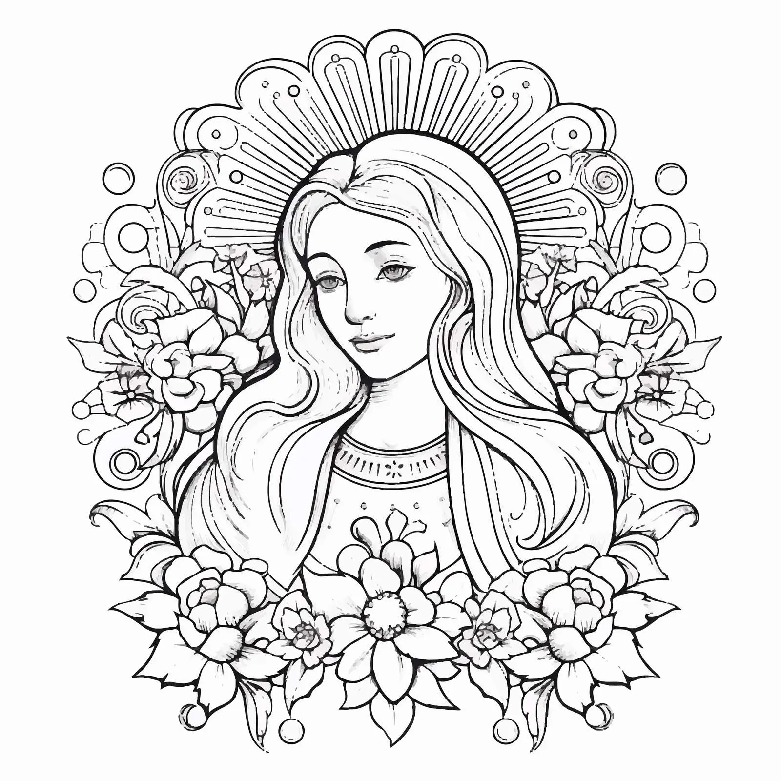 Vintage Coloring Page of the Blessed Virgin Mary – free meditative art image from Dotvec