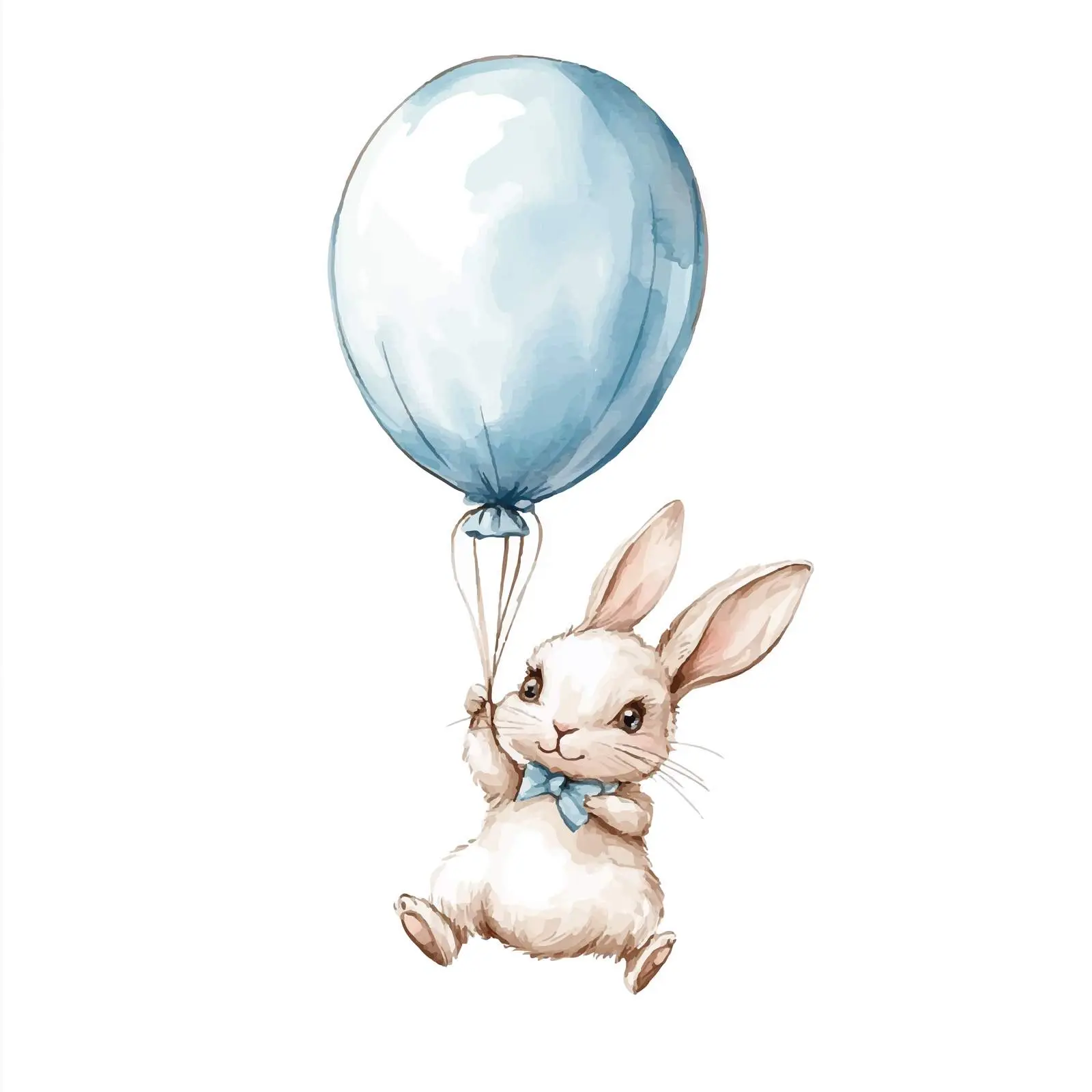 Bunny Flying in Blue Balloon Watercolor Clipart – free loon image from Dotvec