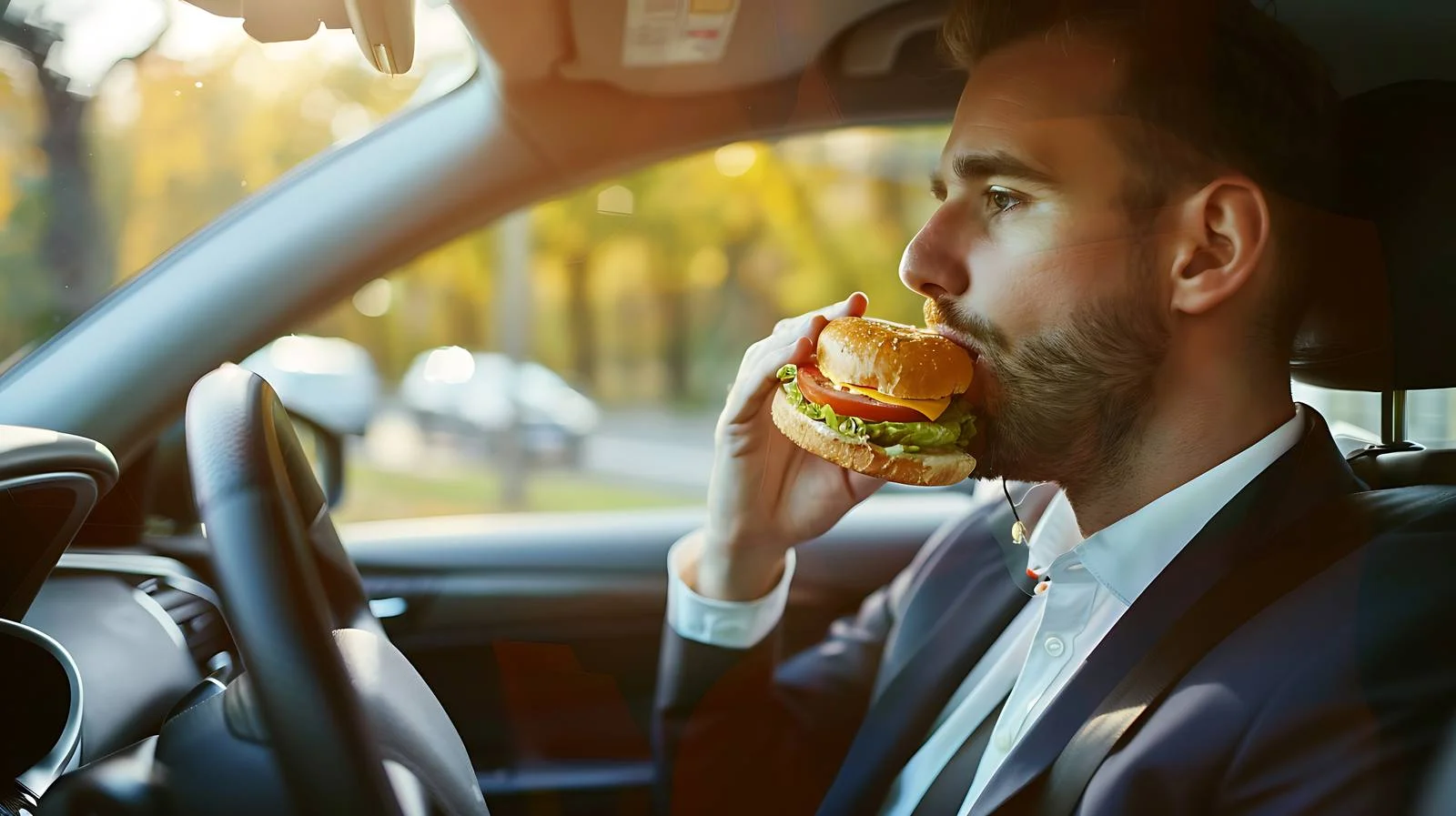 Multi-tasking Businessman Driving & Eating — free download from Dotvec