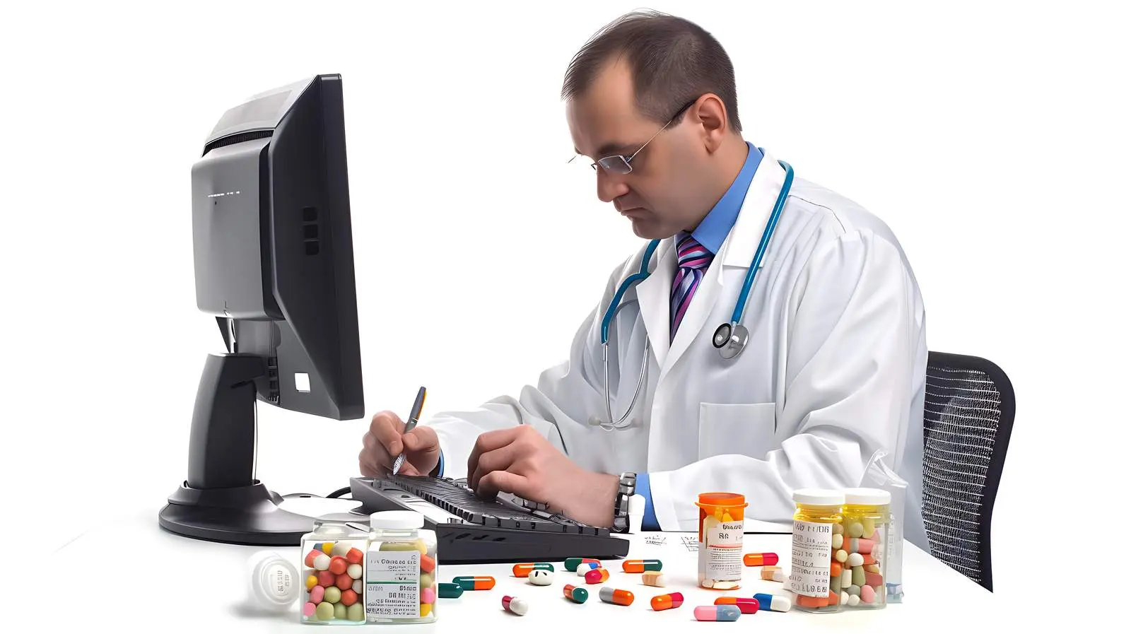 Doctor Writing Prescription on Computer – free health records image from Dotvec