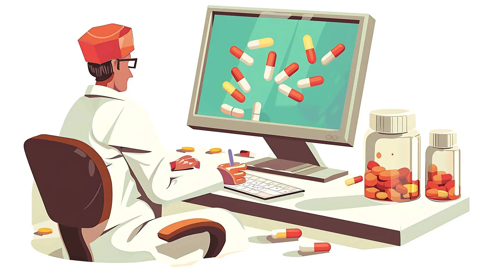 Doctor Writing Prescription on Computer — free download from Dotvec