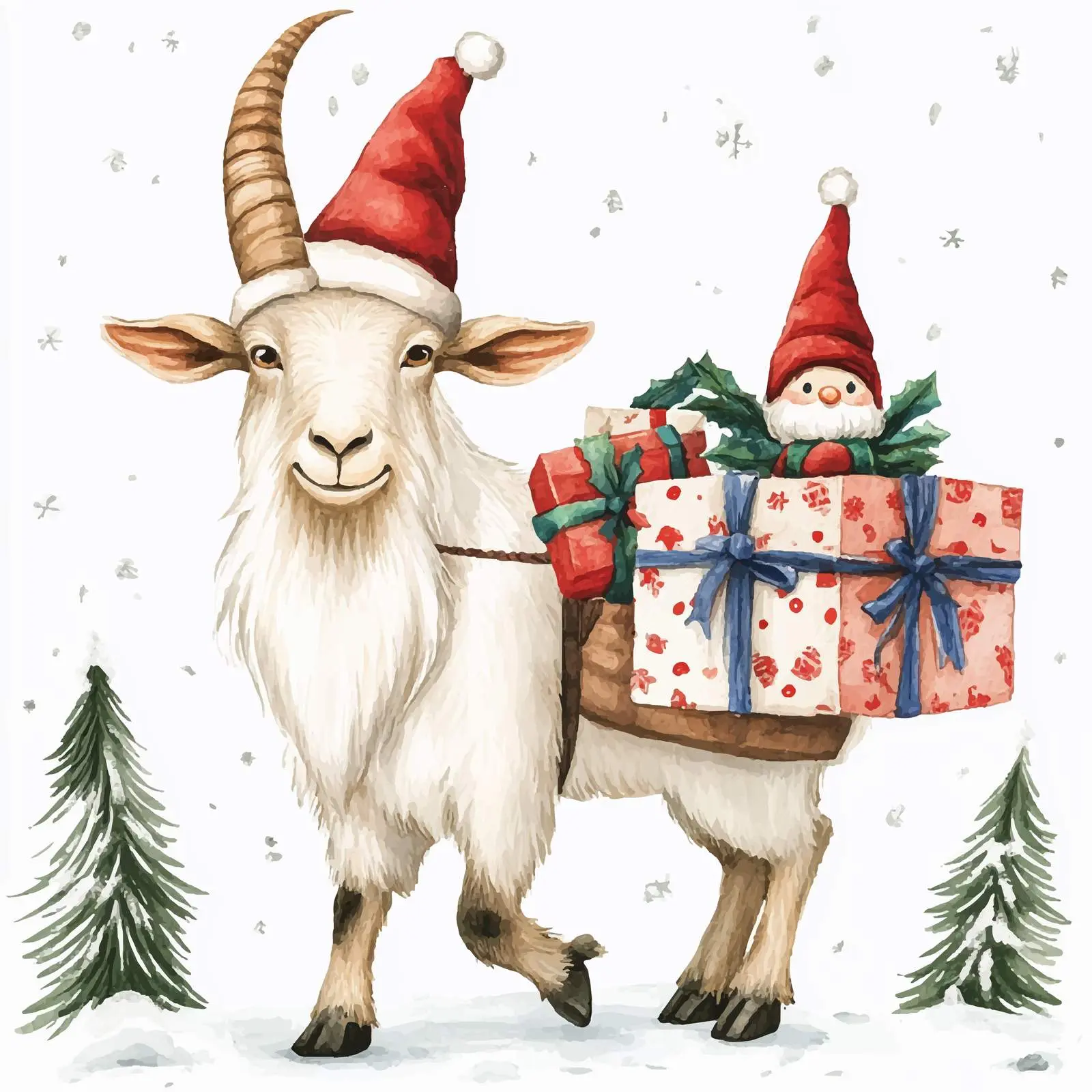 Goat with Gnome and Gift Vector Illustration — free download from Dotvec