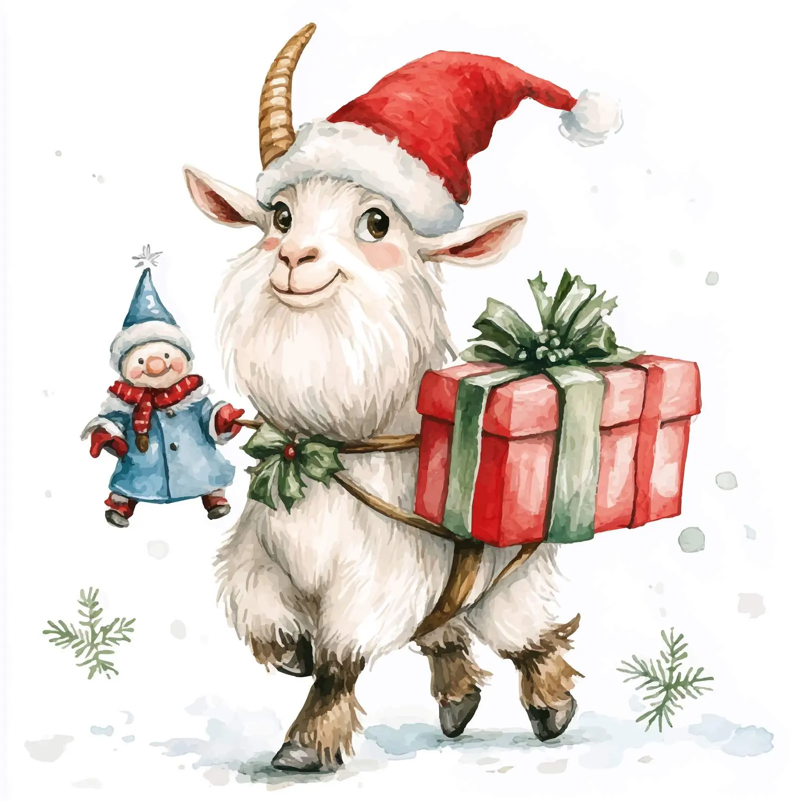 Goat with Gnome and Gift Illustration – free carry image from Dotvec