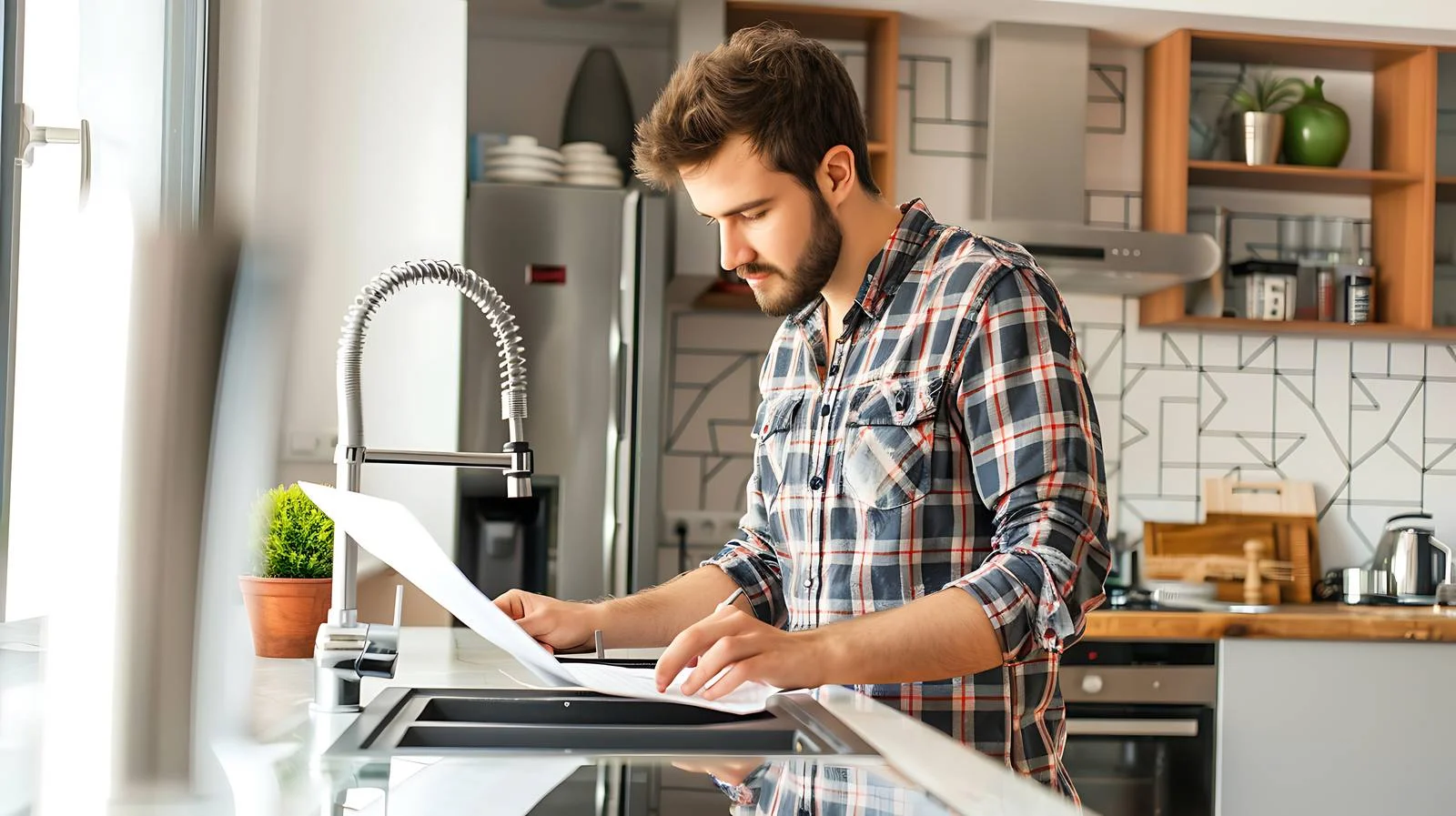 Homeowner calculates prices in renovated kitchen — free download from Dotvec