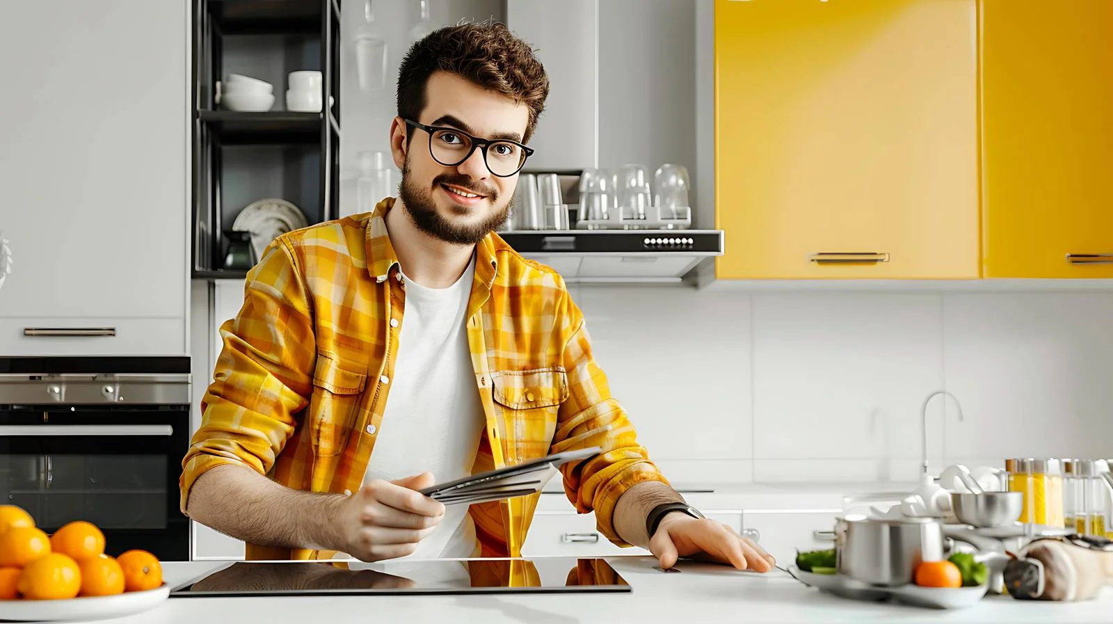 Homeowner calculating new kitchen prices update — free download from Dotvec