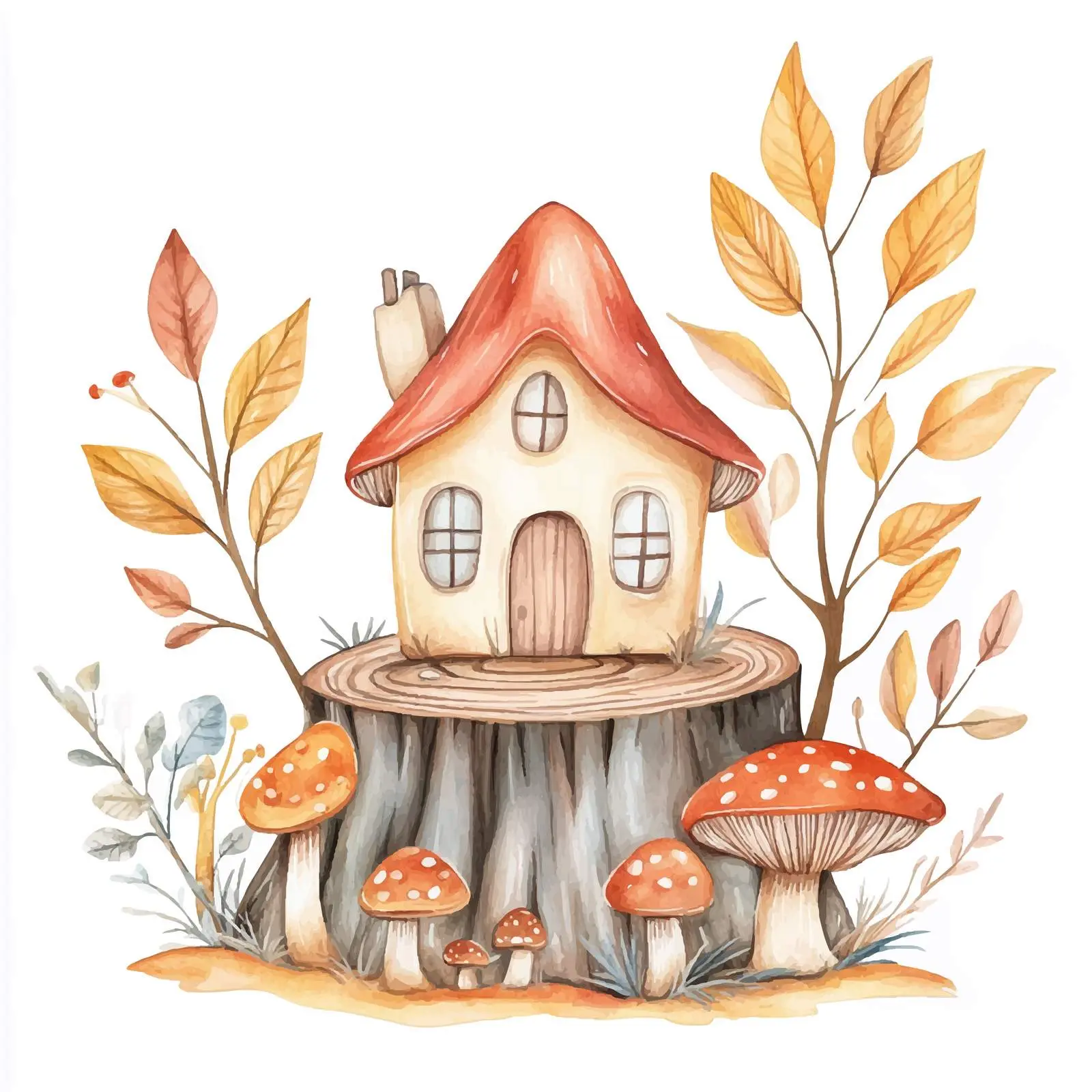 House on Stump Surrounded by Leaves and Mushrooms — free download from Dotvec
