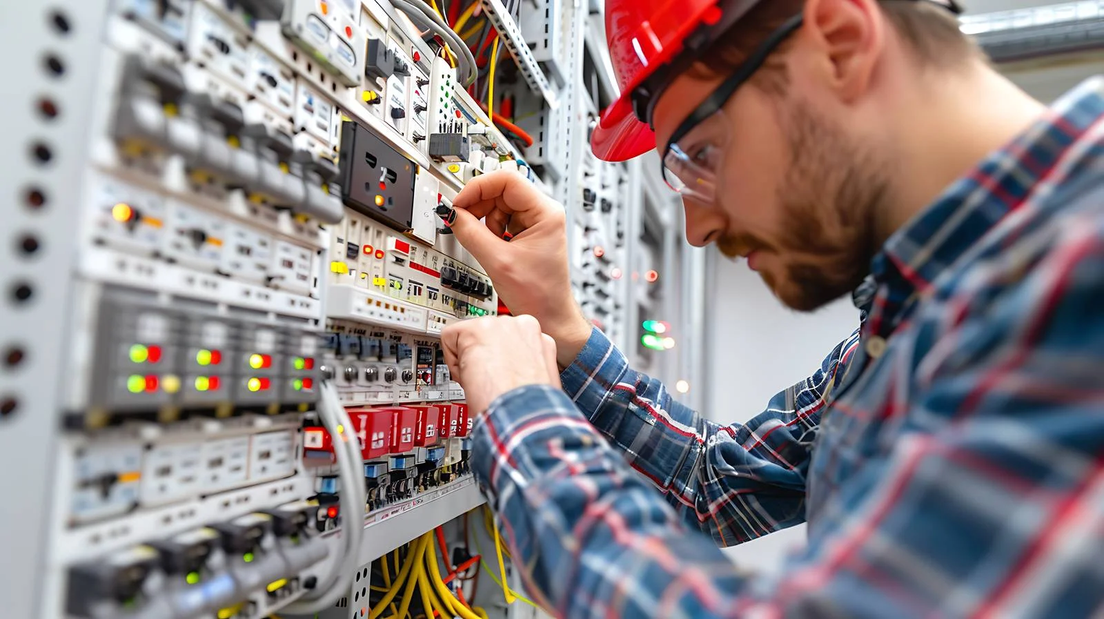 Electrical technician repairs switchboard voltage outdoors — free download from Dotvec