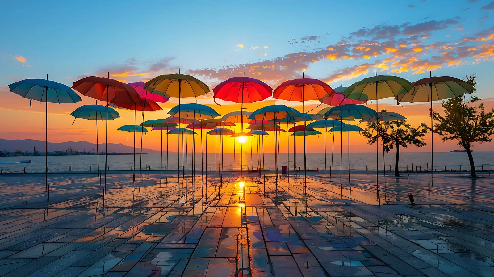 Vibrant Umbrellas Installation Waterfront View — free download from Dotvec