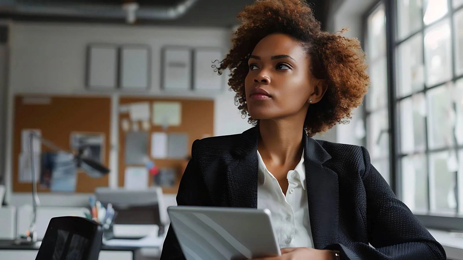 Contemplative Businesswoman in Office Setting — free download from Dotvec